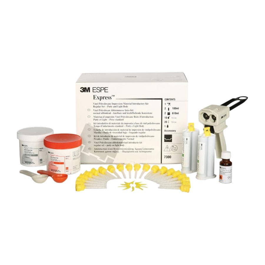 3M Express VPS Impression Material Intro Kit, 7300, Includes 2 x 305 mL Putty Jars, 2 x 50 mL Light Body Regular Set Cartridges, Garant Dispenser, Mixing/Intraoral Tips, VPS Tray Adhesive, 2 Putty Spoons thumbnail 4