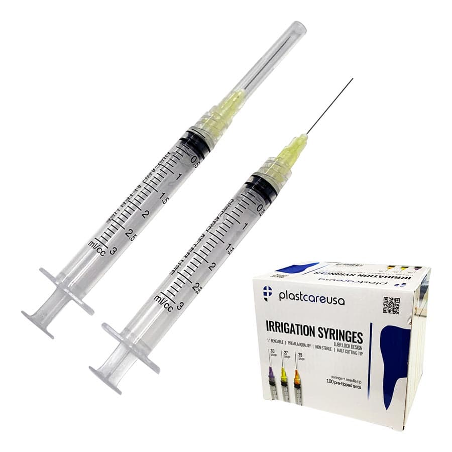 Plastcare USA Pre-Tipped Endodontic Syringe, 3cc, 27 Gauge Notched Open-Ended Needle, 100/Box, S3CC27G KIT - Plastcare USA - Pre-Tipped Syringes - Image 1