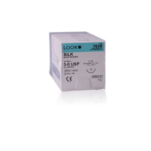 Look Silk Black Braided Non-Absorbable Suture, 3-0, 18"/45 cm, C19 Reverse Cutting 1/2 Circle Needle, 12/Box, 783B thumbnail 4