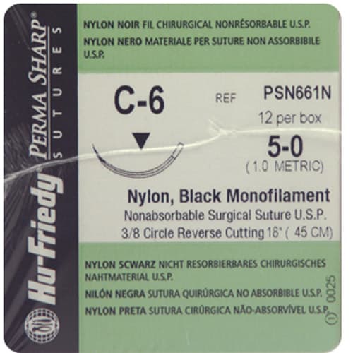 Hu-Friedy Perma Sharp Non-Absorbable Black Monofilament Nylon Suture, 5-0, C-6 Reverse Cutting 3/8 Circle Needle, 18", 12/Box, PSN661N thumbnail 3