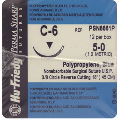Hu-Friedy Perma Sharp Non-Absorbable Polypropylene Suture, 5-0, Blue, 18", C-6 Needle, 3/8 Circle Reverse Cutting, 12/Box, PSN8661P thumbnail 6
