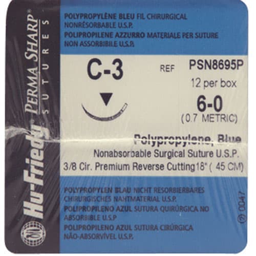 Hu-Friedy Perma Sharp Non-Absorbable Polypropylene Suture, 6-0, C-3 Needle, 3/8 Circle Premium Reverse Cutting, 18", Blue, 12/Box, PSN8695P thumbnail 9