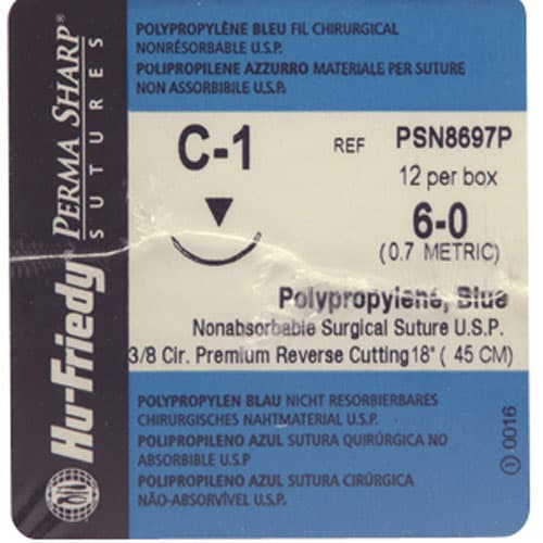 Hu-Friedy Perma Sharp Polypropylene Suture, 6-0, Blue, 18", C-1 Premium Reverse Cutting 3/8 Circle Needle, 12/Box, PSN8697P thumbnail 5