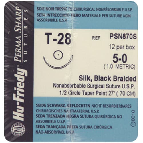 Perma Sharp Non-Absorbable Silk Black Braided Suture, 5-0, 27", T-28 Taper Point 1/2 Circle Needle 17.5mm, 12/Box, PSN870S thumbnail 3