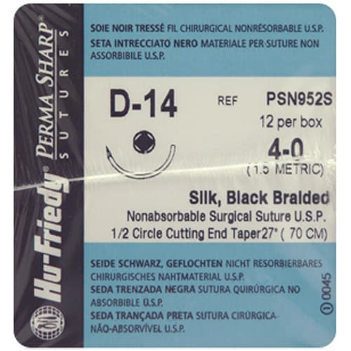 Perma Sharp Non-Absorbable Silk Black Braided Suture, 4-0, 27", D-14 1/2 Circle Tapercut Needle, 17.5mm, 12/Box, PSN952S thumbnail 4