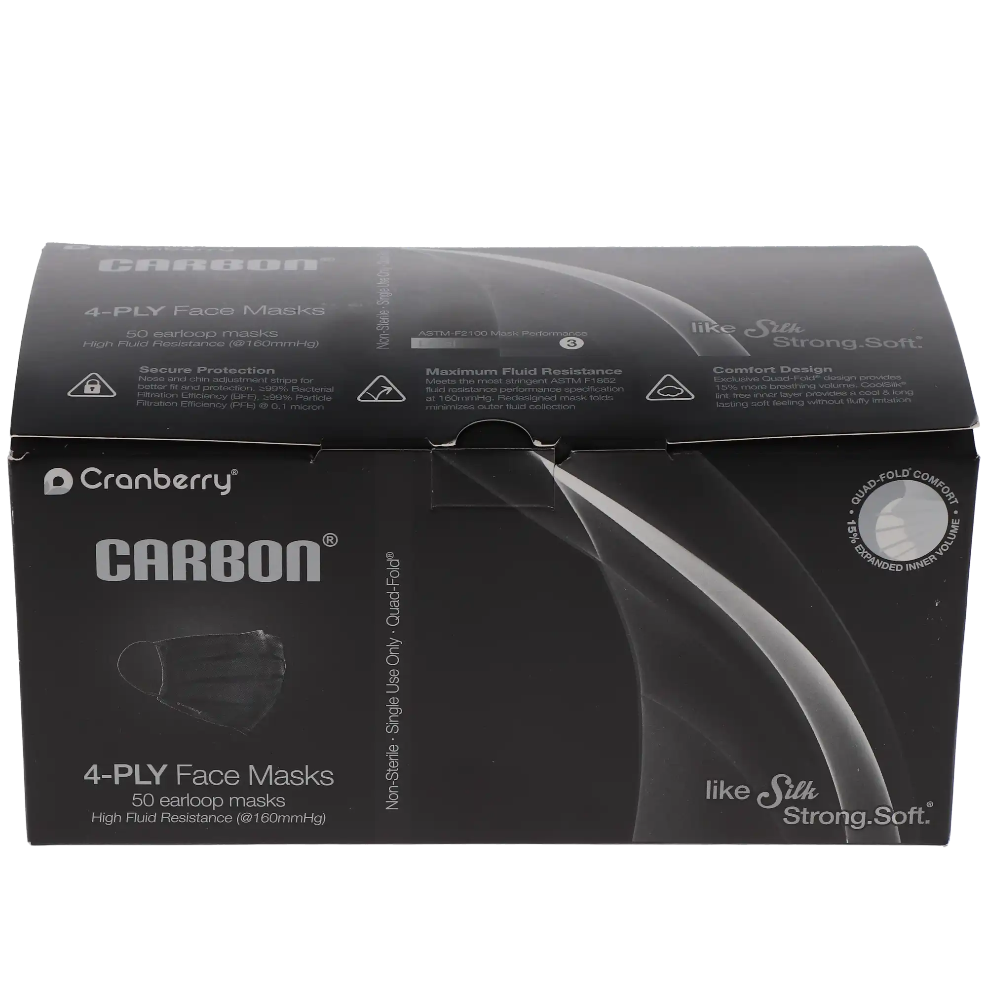 Cranberry Carbon ASTM Level 3 Earloop Face Mask, 4-Ply, Black, One Size, 50/Box, C2900K thumbnail 7