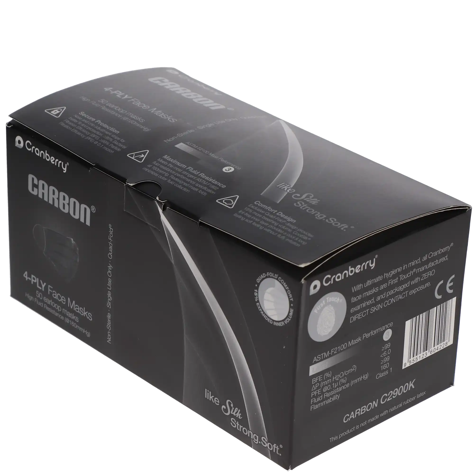 Cranberry Carbon ASTM Level 3 Earloop Face Mask, 4-Ply, Black, One Size, 50/Box, C2900K thumbnail 8