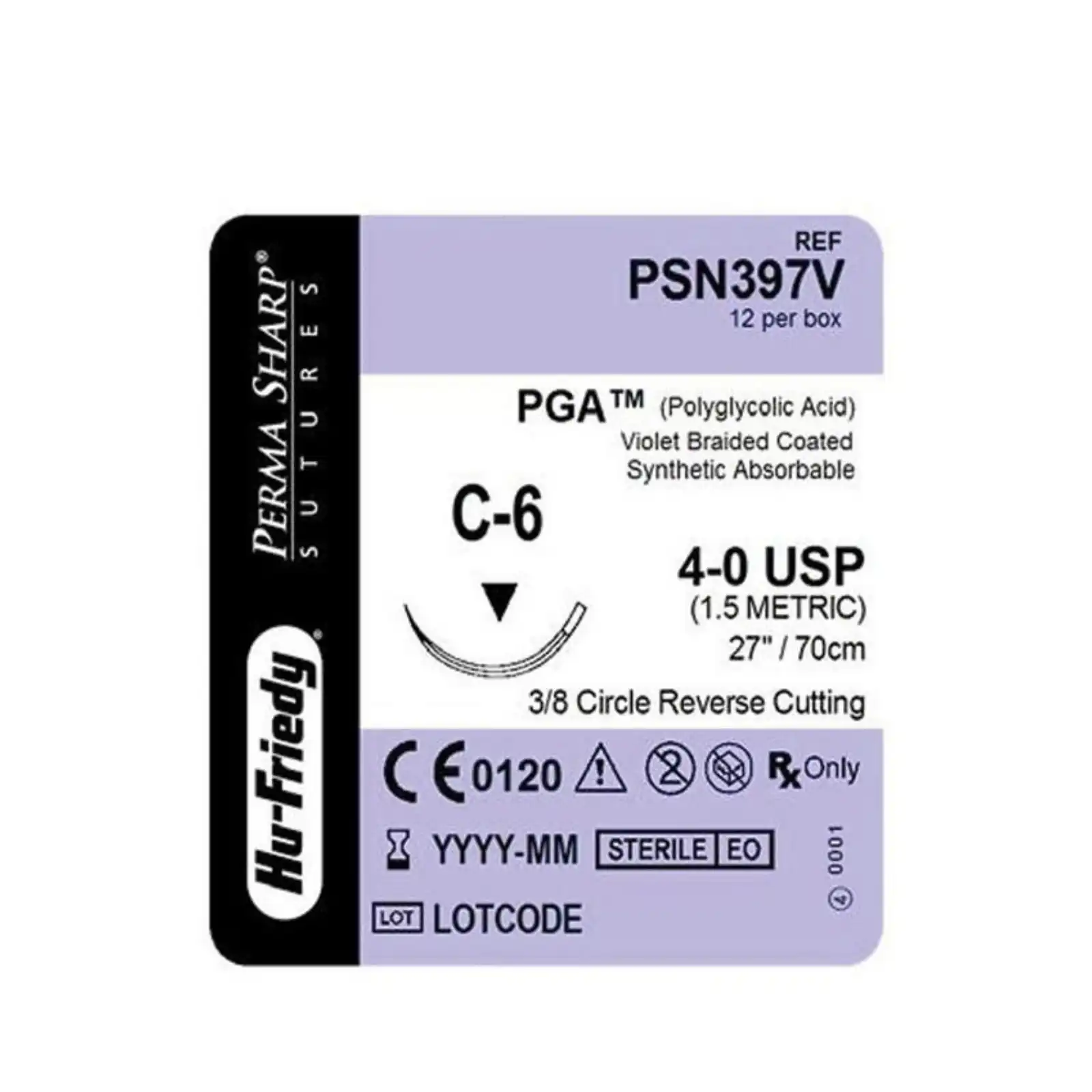 Hu-Friedy Perma Sharp PGA Absorbable Suture, Undyed Braided, 4-0, C-6 Reverse Cutting 3/8 Circle Needle, 27", 12/Box, PSN422V thumbnail 2
