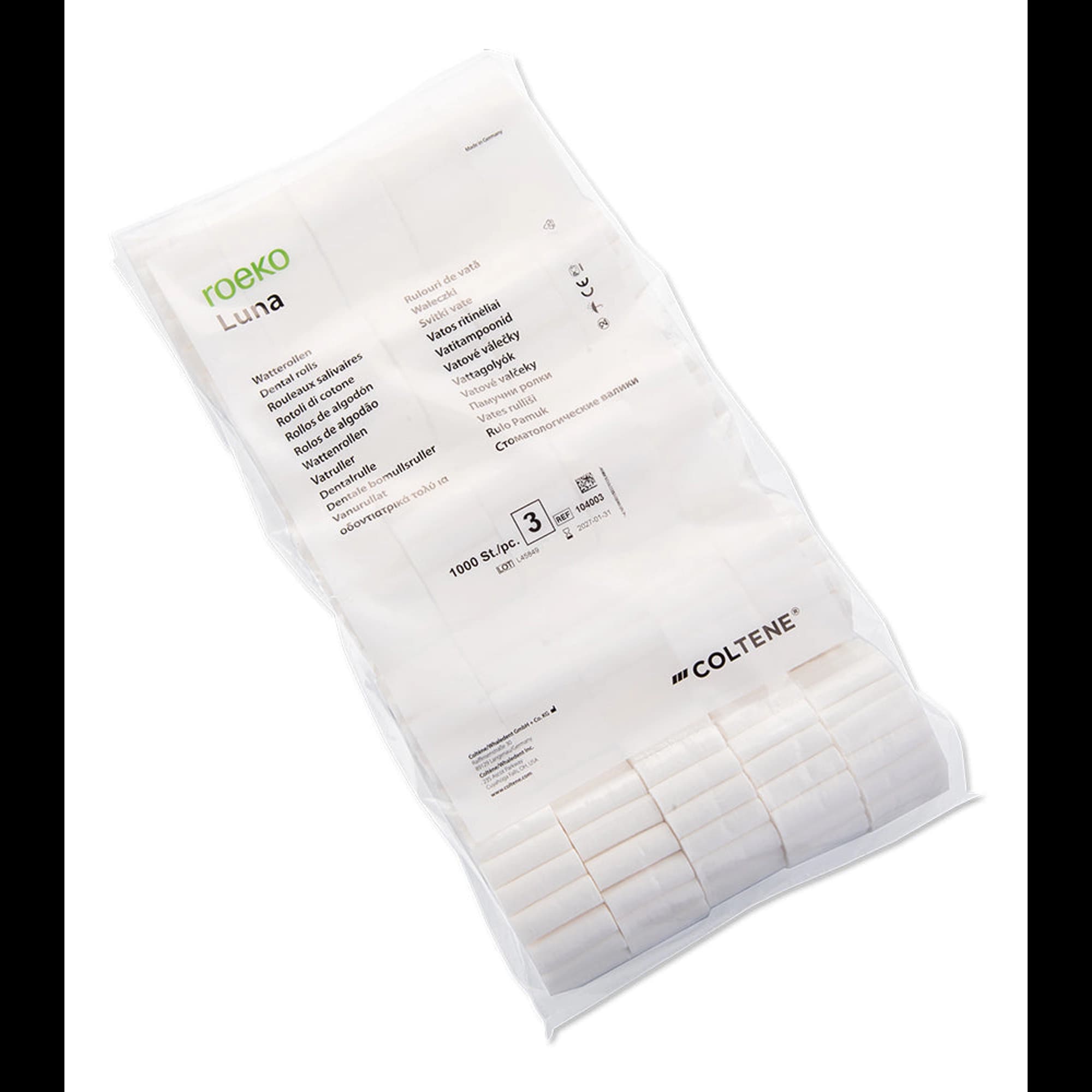 Coltene Roeko Luna Dental Cotton Rolls, Size #3 (1 1/2" x 1/2"), Unstarched, Non-Sterile, Bag of 1000, 104003 thumbnail 2