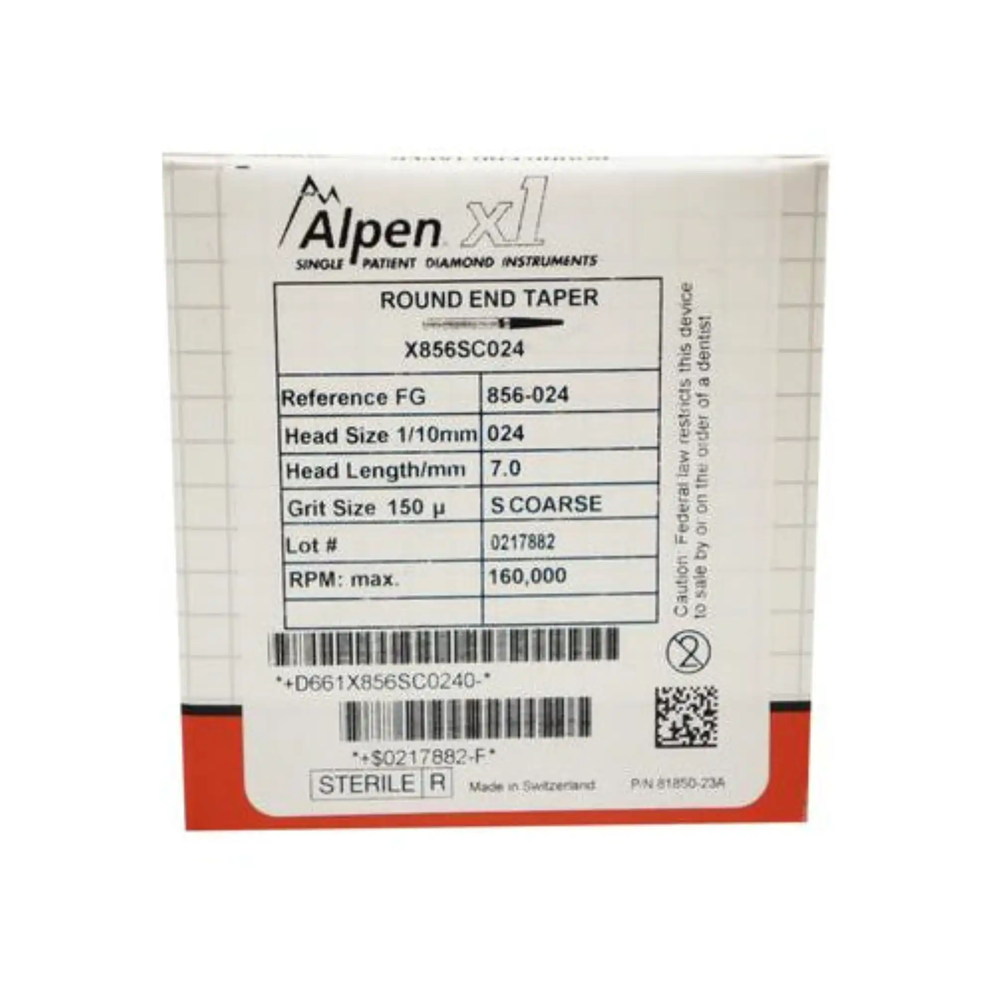 Alpen x1 Single-Use Diamond Bur, FG, #856-024SC, Round End Taper, Large, Super Coarse, Black, 25/Pk, X856SC024 thumbnail 8
