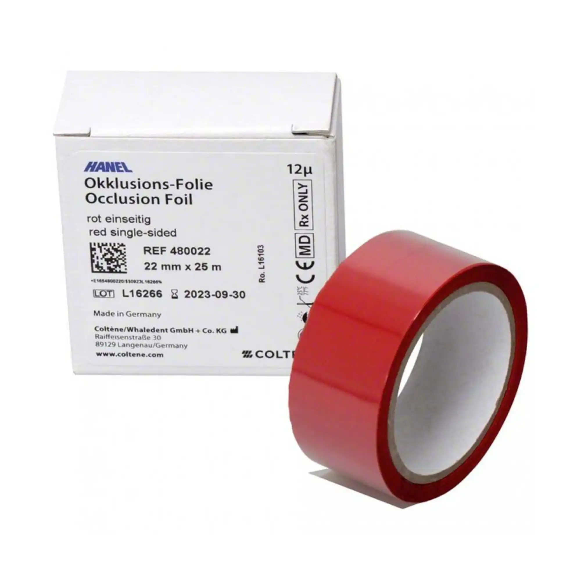 Hanel Occlusion Foil, Two-Sided Red, 12 Microns, 22 mm x 25 m Roll, 480042 - Hanel Occlusion Foil 12AAA 2Sided Red 22mm 25 m - Image 1