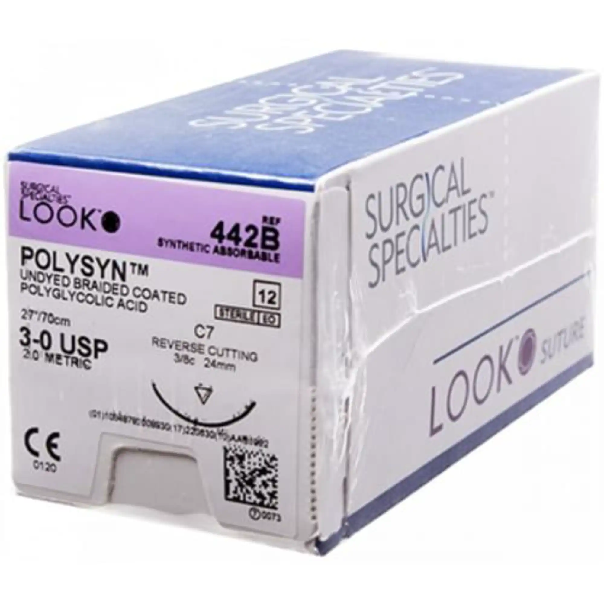 Look PolySyn Polyglycolic Acid (PGA) Absorbable Braided Suture, Undyed, Coated, 3-0, 27"/70cm, C7 Reverse Cutting Needle 24mm 3/8 Circle, 12/Box, 442B thumbnail 5