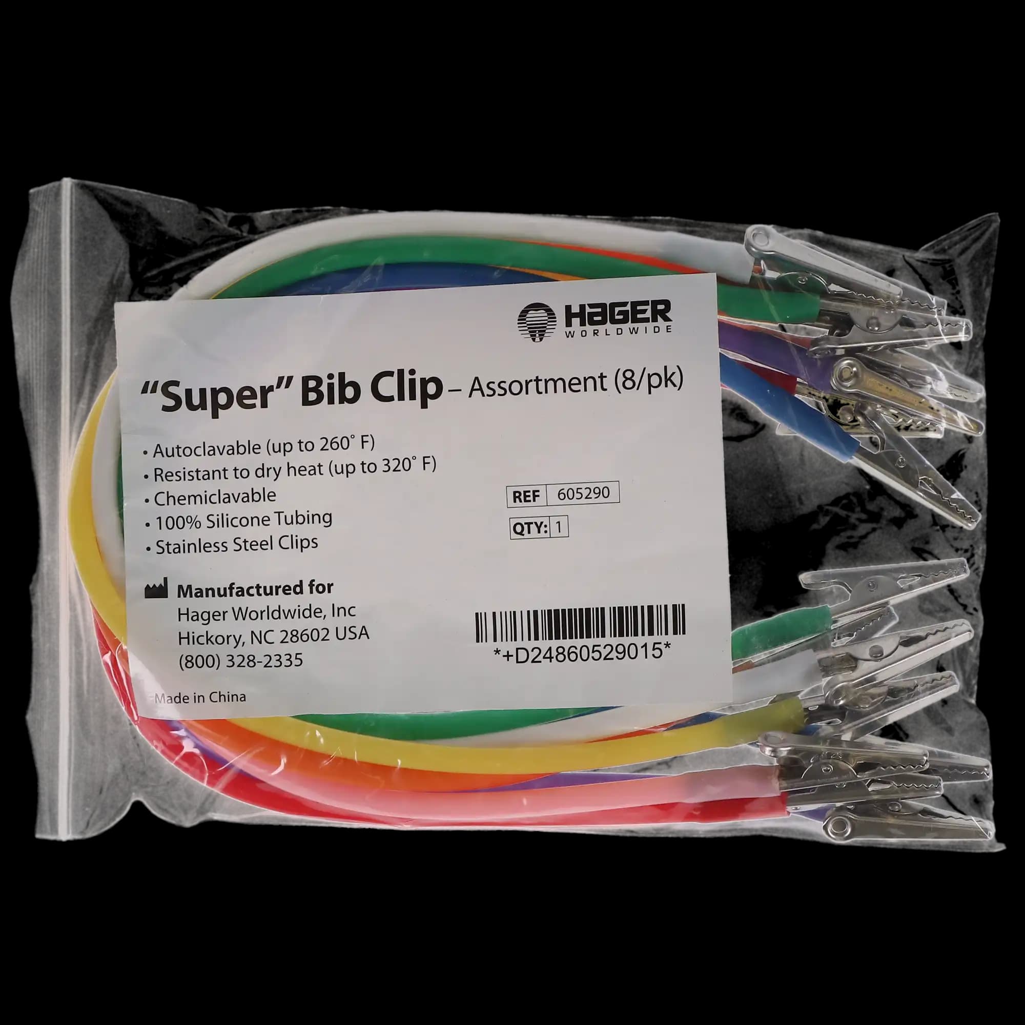 Super Bib Clips, Silicone Cord, Assorted Colors, 14 in, Autoclavable, 8/Pk, 605290 thumbnail 6