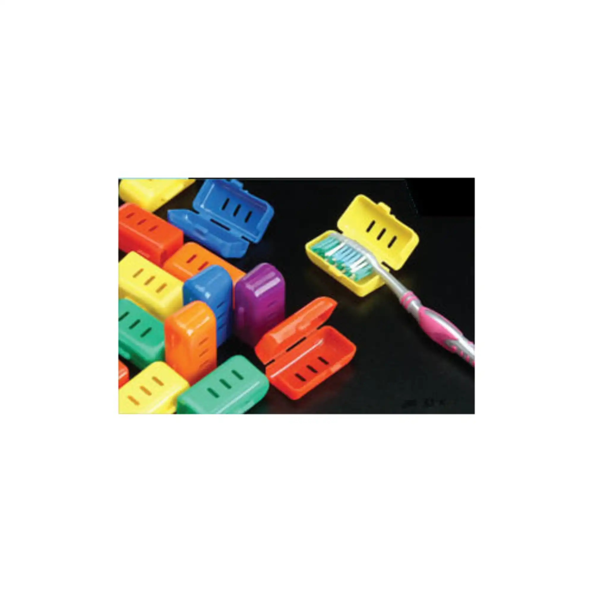 Plasdent One Size Fits All Toothbrush Covers, Back Hinge, Snap-Closure, Assorted Bright Colors, 144/Box, 200TBX-A - Plasdent - One Size Fits All Toothbrush Covers, features a back hinge, 200TBX-A - Image 1
