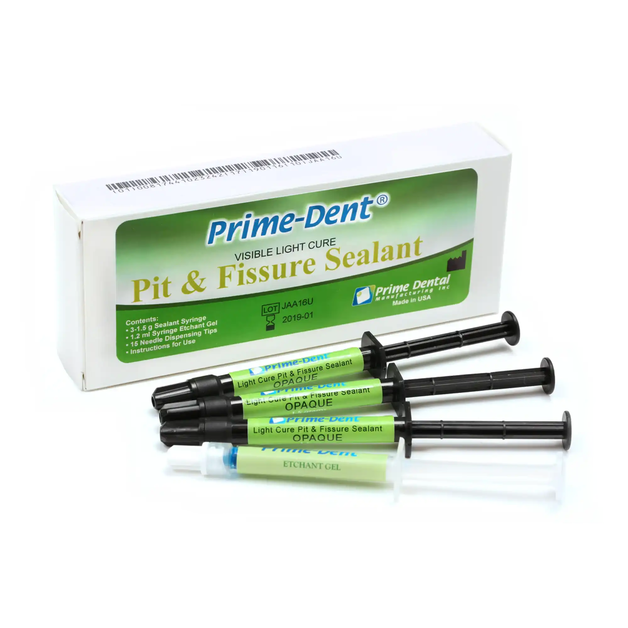 Prime Dental VLC Pit & Fissure Sealant Opaque Syringe Kit, Bis-GMA, Light-Cure, Fluoride, 3 x 1.5g Syringes, 1 x 1.2mL Etchant Gel, 15 Dispensing Tips, 007-023 - Prime Dental - Pit and Fissure Sealant Syringe Kit - Opaque. Contains fluoride - Image 1