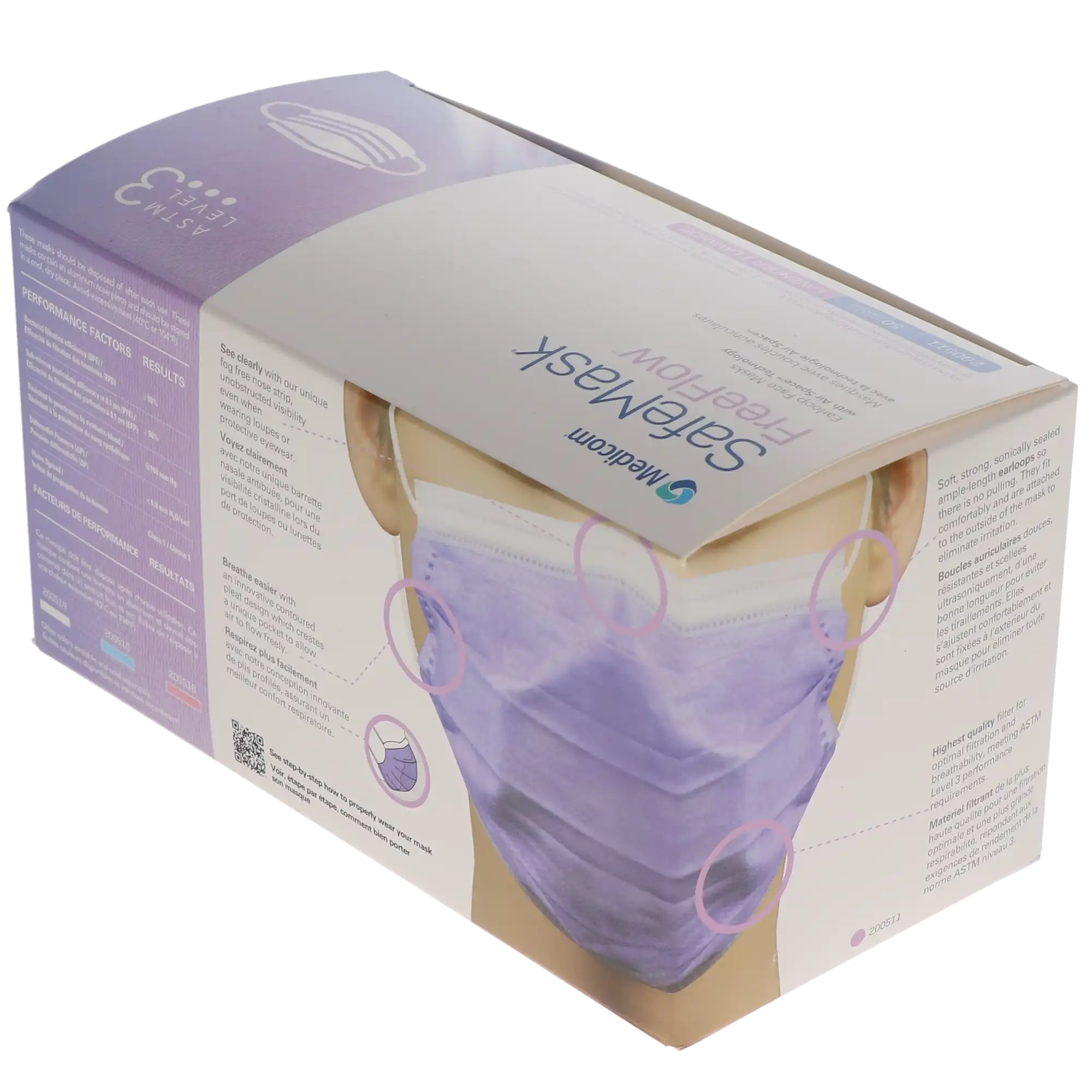 SafeMask FreeFlow Earloop Procedure Face Mask, ASTM Level 3, Fog-Free Strip, Lavender, 50/Box, 200511 thumbnail 12