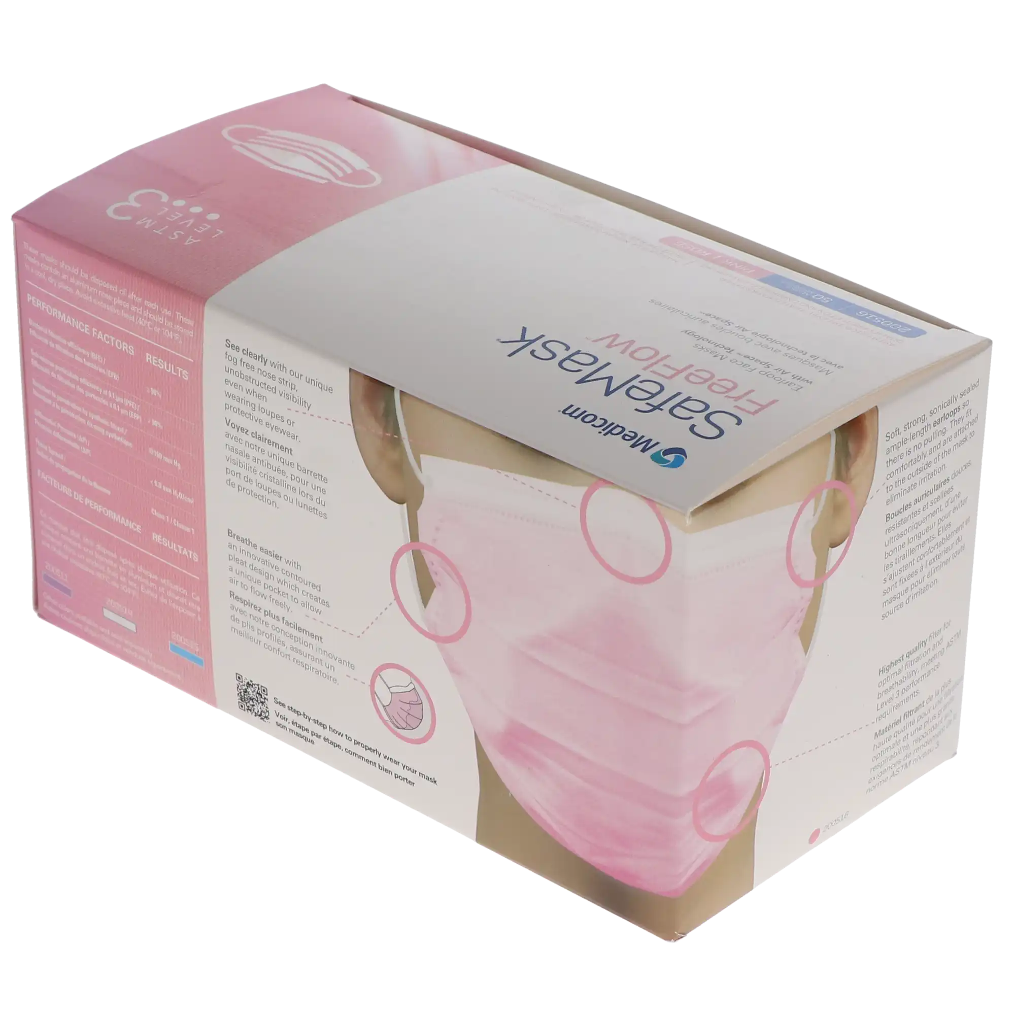 SafeMask FreeFlow Procedure Earloop Face Mask, ASTM Level 3, Pink, 50/Box, 200516 thumbnail 3