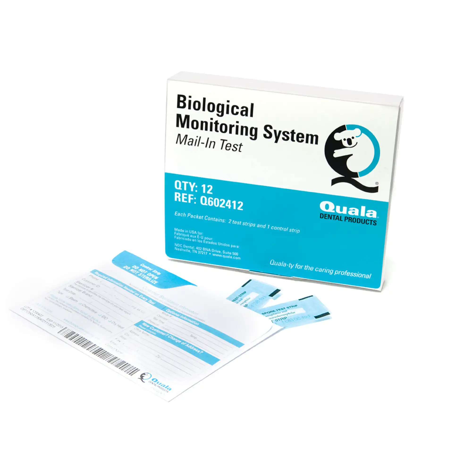 Quala Biological Monitoring Mail-In Test Strips, 2 Test Strips + 1 Control Strip, Pre-Paid Postage, 12 Tests/Box, Q602412 - Biological Monitoring Mail-In, 2 test strips, 1 control strip, Pre-paid postage included, 12 Tests/Pk - Image 1