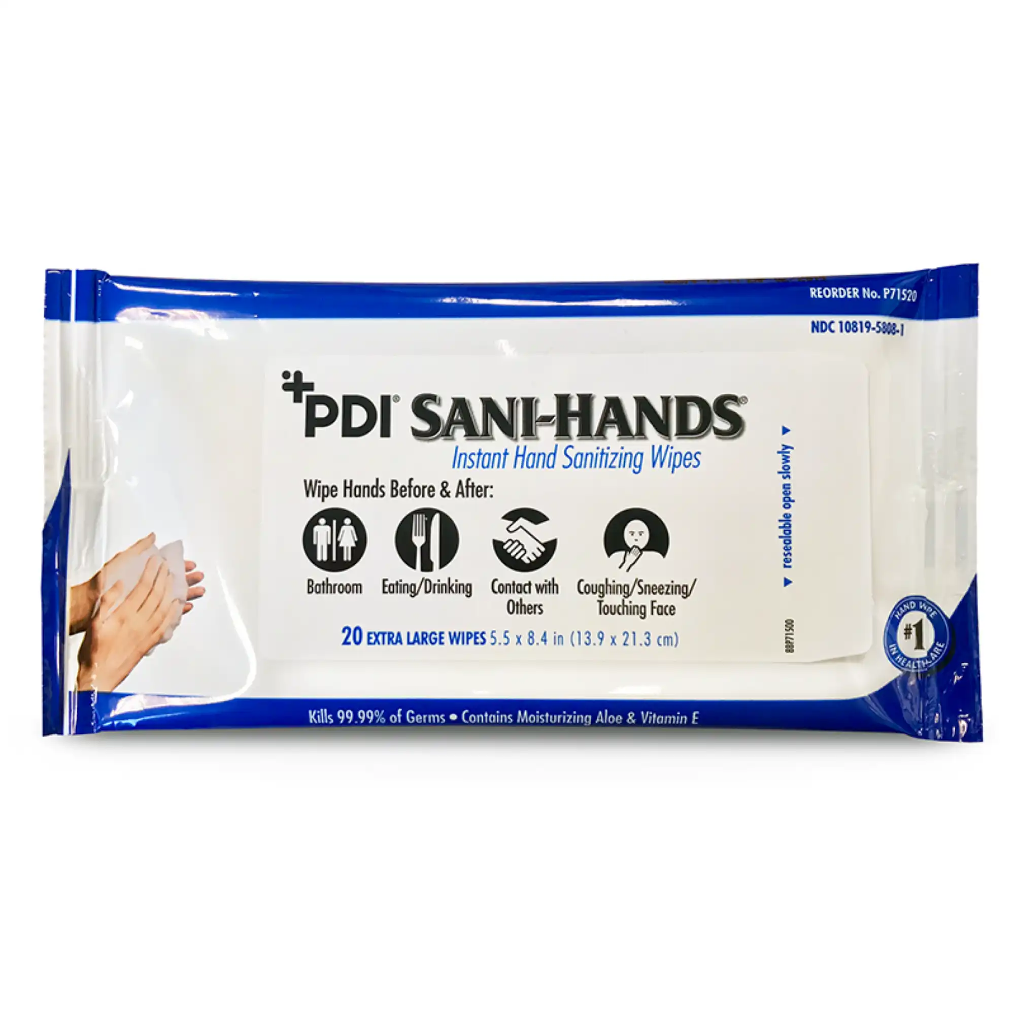 PDI Sani-Hands Instant Hand Sanitizing Wipes Bedside Pack, 8.4" x 5.5", 70% Ethyl Alcohol, 20/Pk, P71520 thumbnail 3