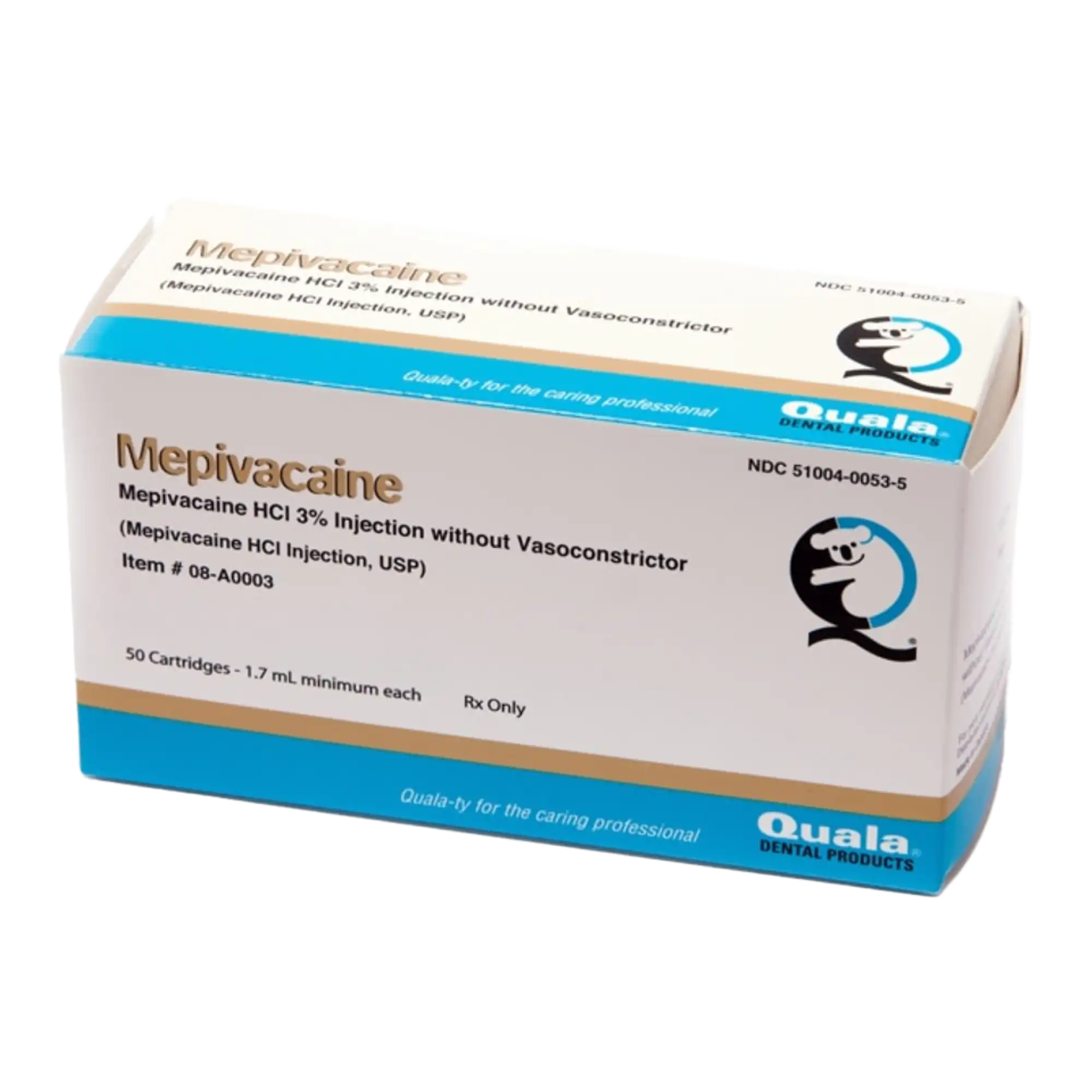 Quala Mepivacaine HCl 3% Injection USP, Plain (No Vasoconstrictor), 1.7 mL Dental Cartridges, 50/Box - Mepivacaine HCl 3% Injection USP without Vasoconstrictor, 1.7ml, 50/Pk - Image 1