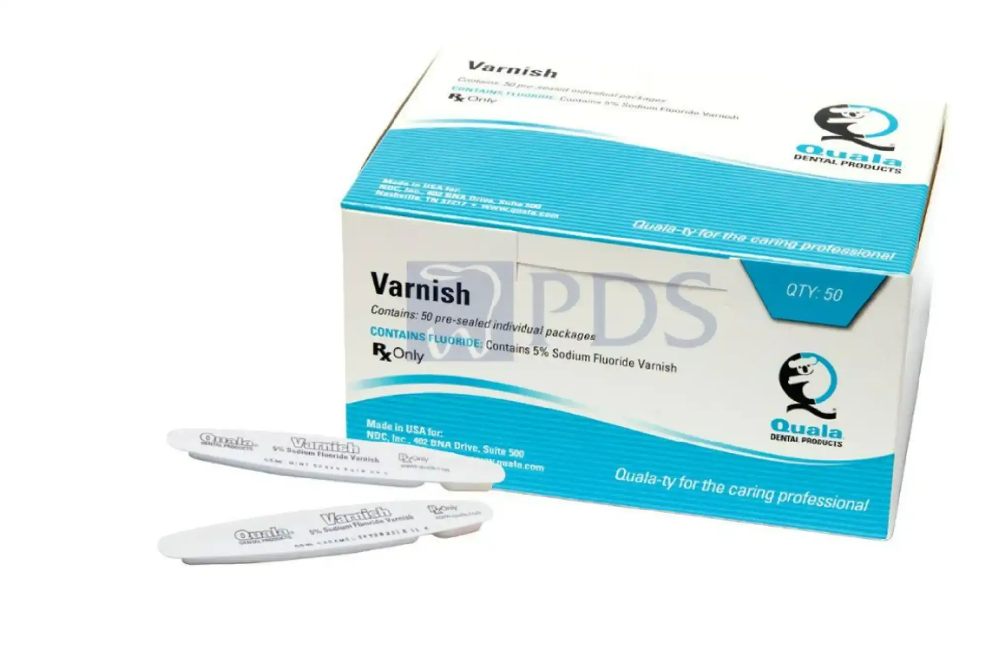 Quala 5% Sodium Fluoride Varnish, 0.5 ml Unit Dose, Caramel Flavor, White, 50/Box, Q3055C - QUALA 5% SODIUM FLUORIDE VARNISH, Q3055C - Image 1