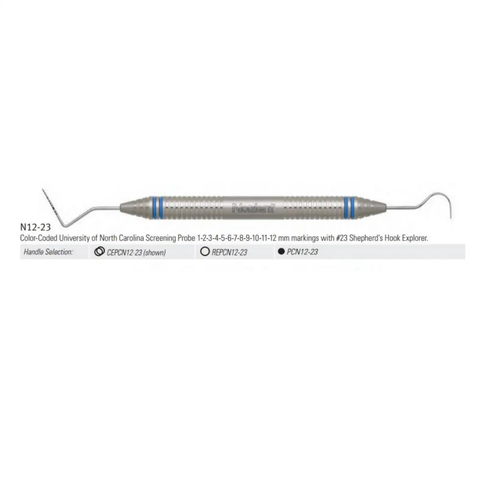 Nordent Expro Double-Ended Explorer/Probe, UNC #12 (1-12 mm) Color-Coded Probe with #23 Shepherd's Hook Explorer, DuraLite ColorRings, CEPCN12-23 thumbnail 8