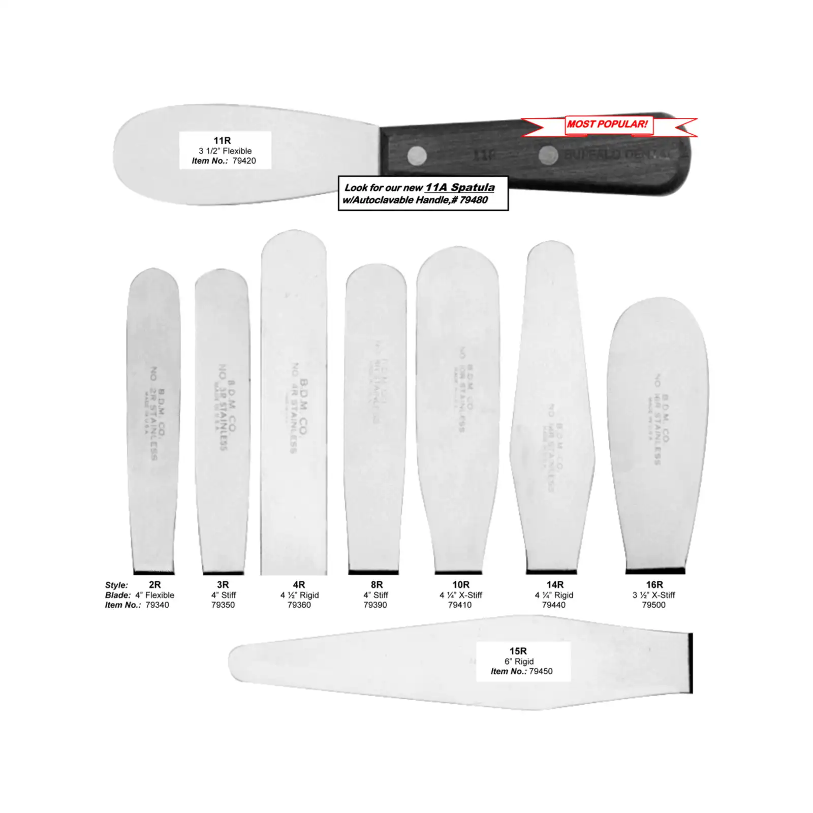Buffalo Dental Plaster Spatula 11A, 3.5" Flexible Stainless Steel Blade, Autoclavable Resin Handle, 1 Each (79480) thumbnail 2
