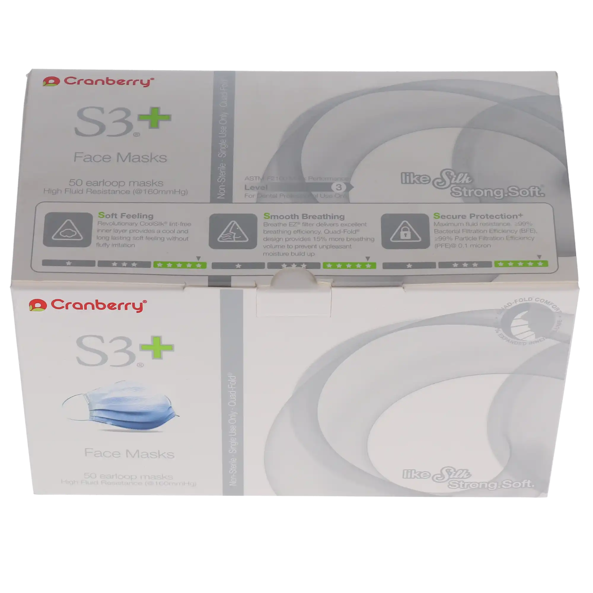 Cranberry S3+ Earloop Face Mask, ASTM Level 3, 3-Ply, Blue, 50/Box, S3160B thumbnail 14