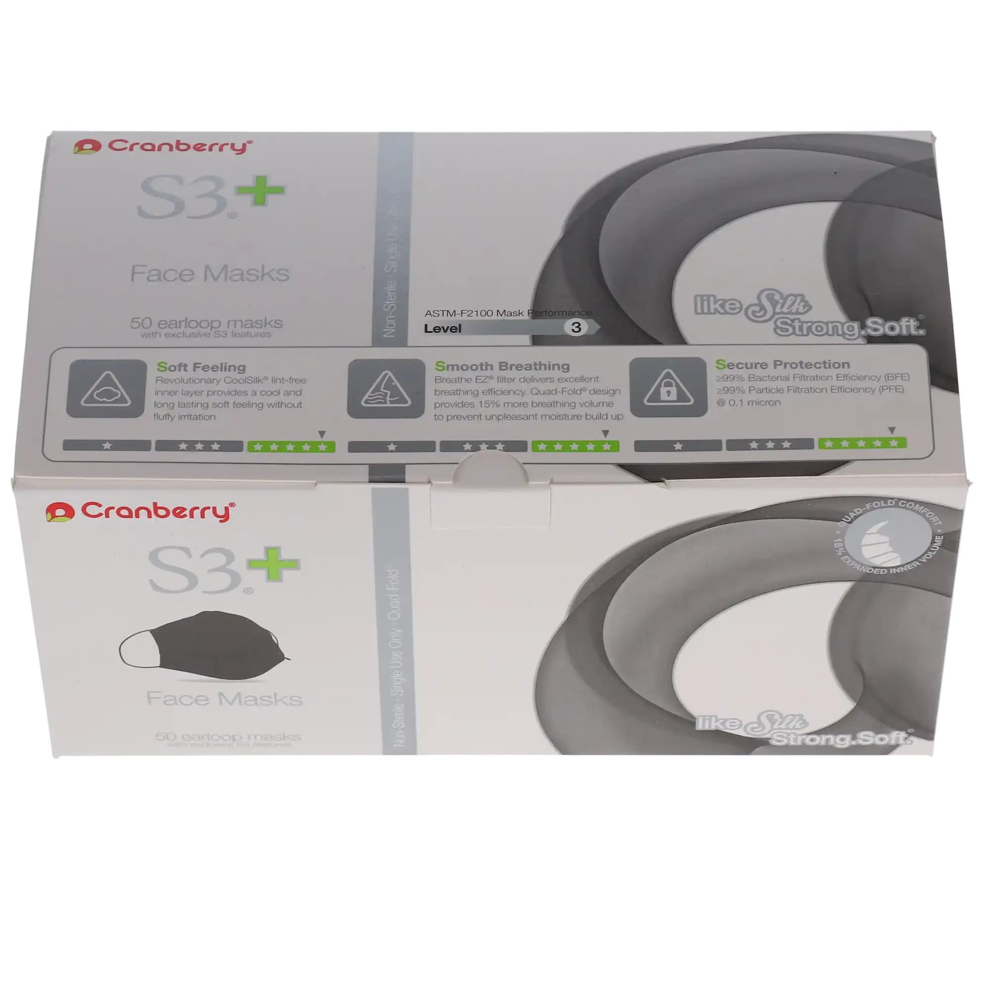 Cranberry S3+ Procedure Face Mask, ASTM Level 3, 3-Ply, Earloop, Black, 50/Box, S3160K thumbnail 14