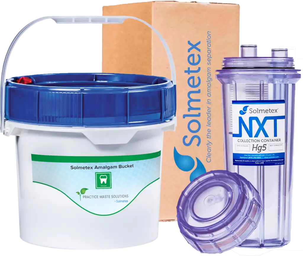 Solmetex NXT Hg5 Compliance Kit, Includes NXT Hg5 Collection Container w/Recycle Kit, 1.25 gal PWS Amalgam Bucket, and 64 oz PowerScrub Vacuum Line Cleaner, NXT-HG5-CK - NXT Hg5 Compliance Kit - Image 1