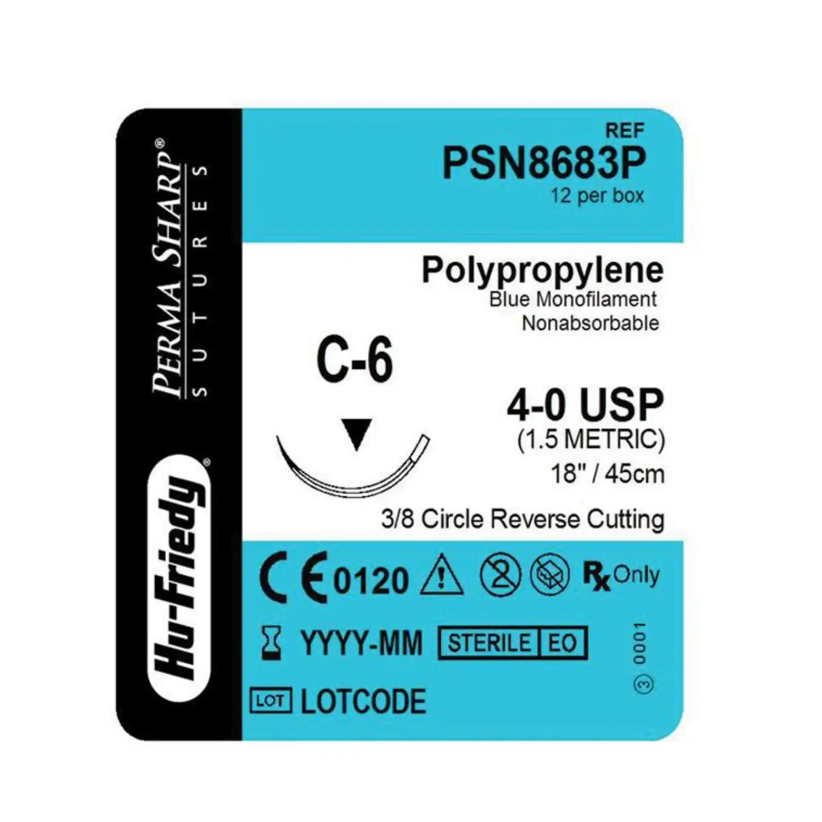 Hu-Friedy Perma Sharp Polypropylene Suture, 4-0, Blue, 18", C-6 Reverse Cutting 3/8 Circle Needle, 12/Box, PSN8683P thumbnail 2