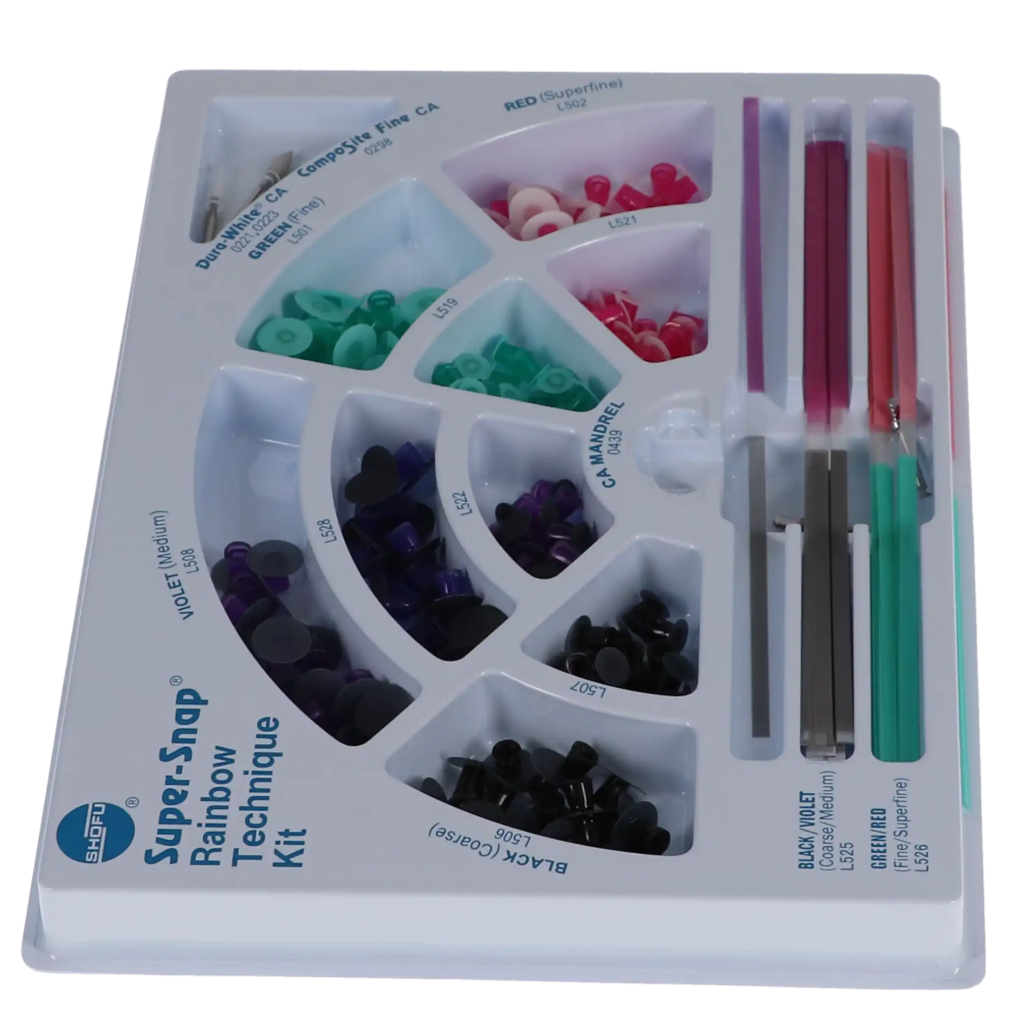 Shofu Super-Snap Rainbow Technique Kit, 180 Disks (100 Standard & 80 Mini), 40 Polystrips, 2 Dura-White Stones, 1 CompoSite Fine Midi-Point, 4 CA Mandrels, 0500 thumbnail 17
