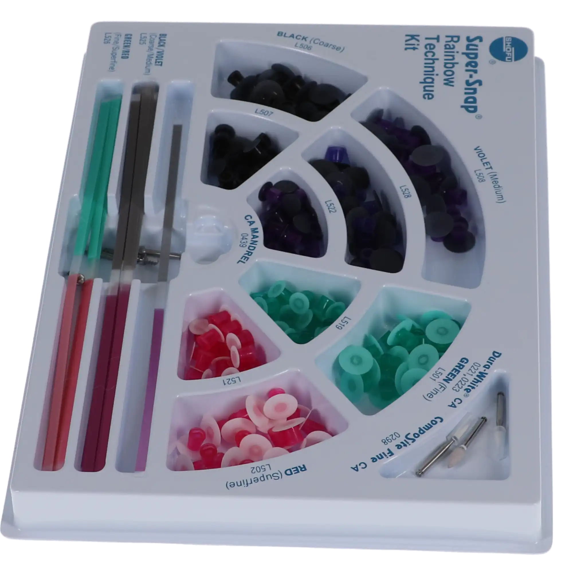 Shofu Super-Snap Rainbow Technique Kit, 180 Disks (100 Standard & 80 Mini), 40 Polystrips, 2 Dura-White Stones, 1 CompoSite Fine Midi-Point, 4 CA Mandrels, 0500 thumbnail 18