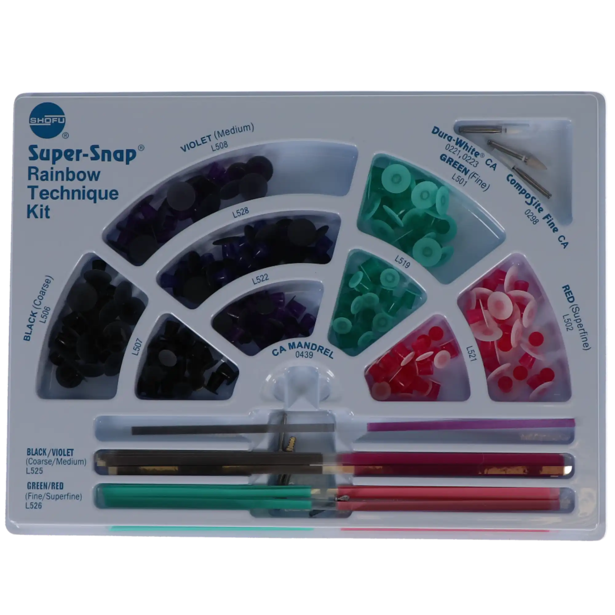 Shofu Super-Snap Rainbow Technique Kit, 180 Disks (100 Standard & 80 Mini), 40 Polystrips, 2 Dura-White Stones, 1 CompoSite Fine Midi-Point, 4 CA Mandrels, 0500 thumbnail 20