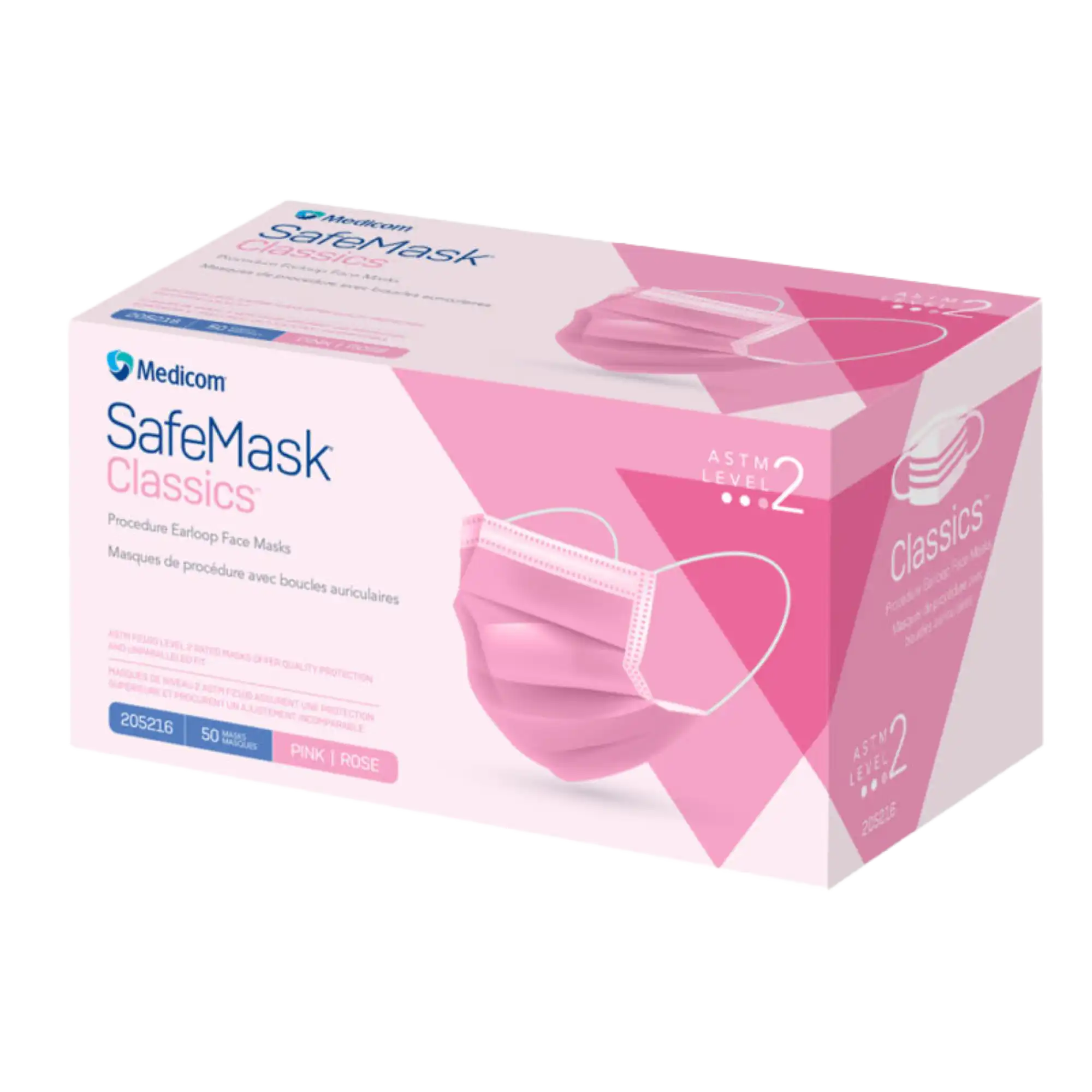 SafeMask® Classics™ Procedure Face Mask, ASTM Level 2, Pink, Ear Loop, One Size Fits Most, 50/Box, 205216 - SafeMask® Classics™ Procedure Face Mask ASTM Level 2 Pink Box of 50 - Image 1