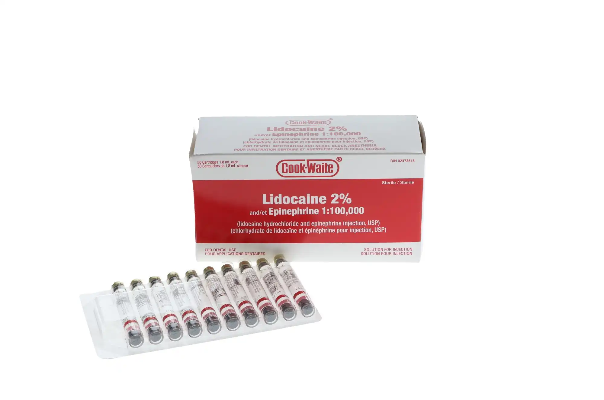 Cook-Waite Lidocaine HCl 2% with Epinephrine 1:100,000, 1.7 mL Cartridges, 50/Box, SEP-99167 - Cook-Waite Lidocaine, HCl 2% w/ Epinephrine, 1:100,000, 50/Bx - Image 1