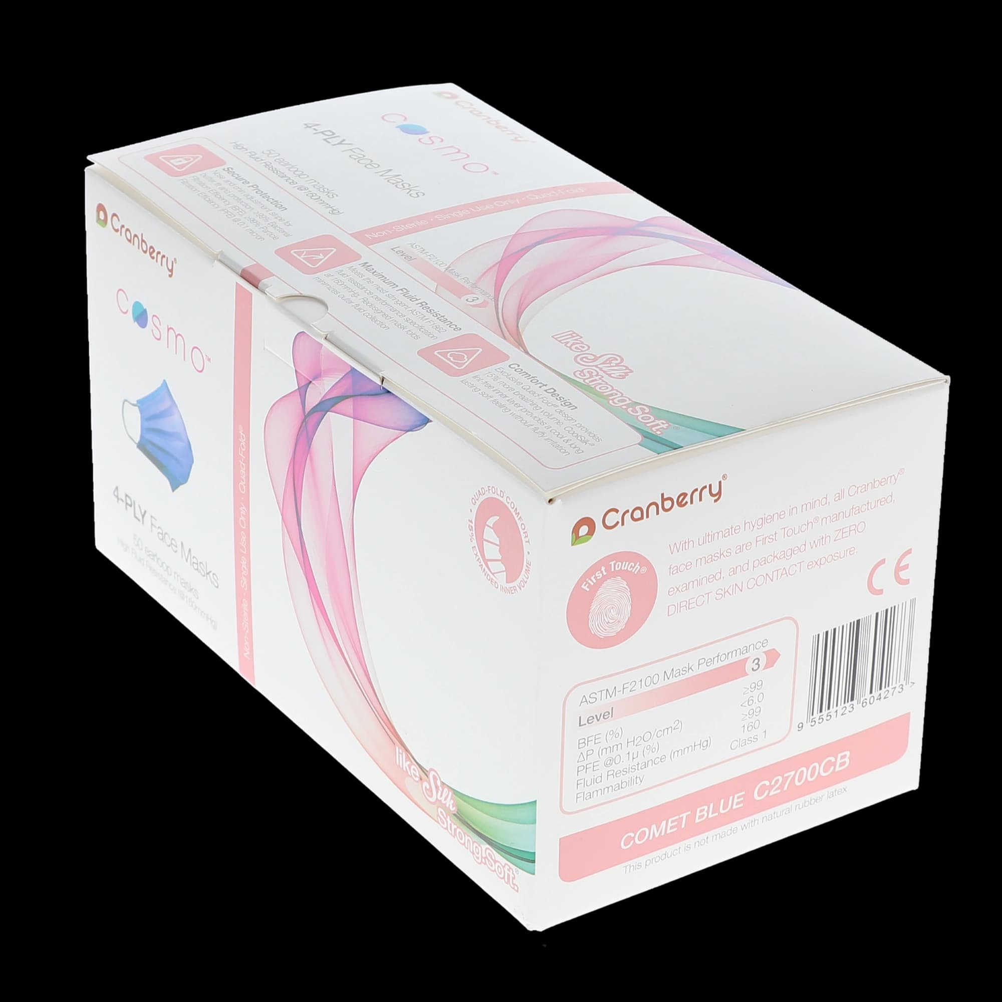 Cranberry Cosmo 4-Ply ASTM Level 3 Earloop Face Mask, Comet Blue, 50/Box, C2700CB thumbnail 7