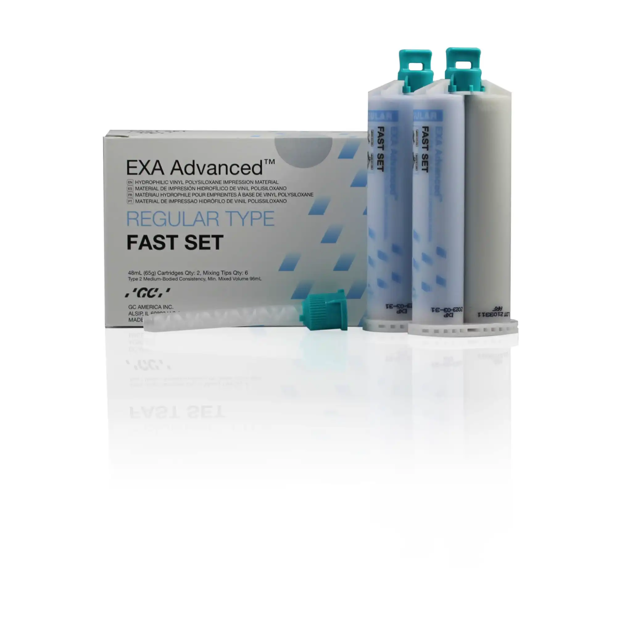 GC America EXA Advanced VPS Impression Material, Regular Body, Fast Set, 48 mL Cartridges, Blue, 2/Pack with 6 Mixing Tips, 137111 thumbnail 2