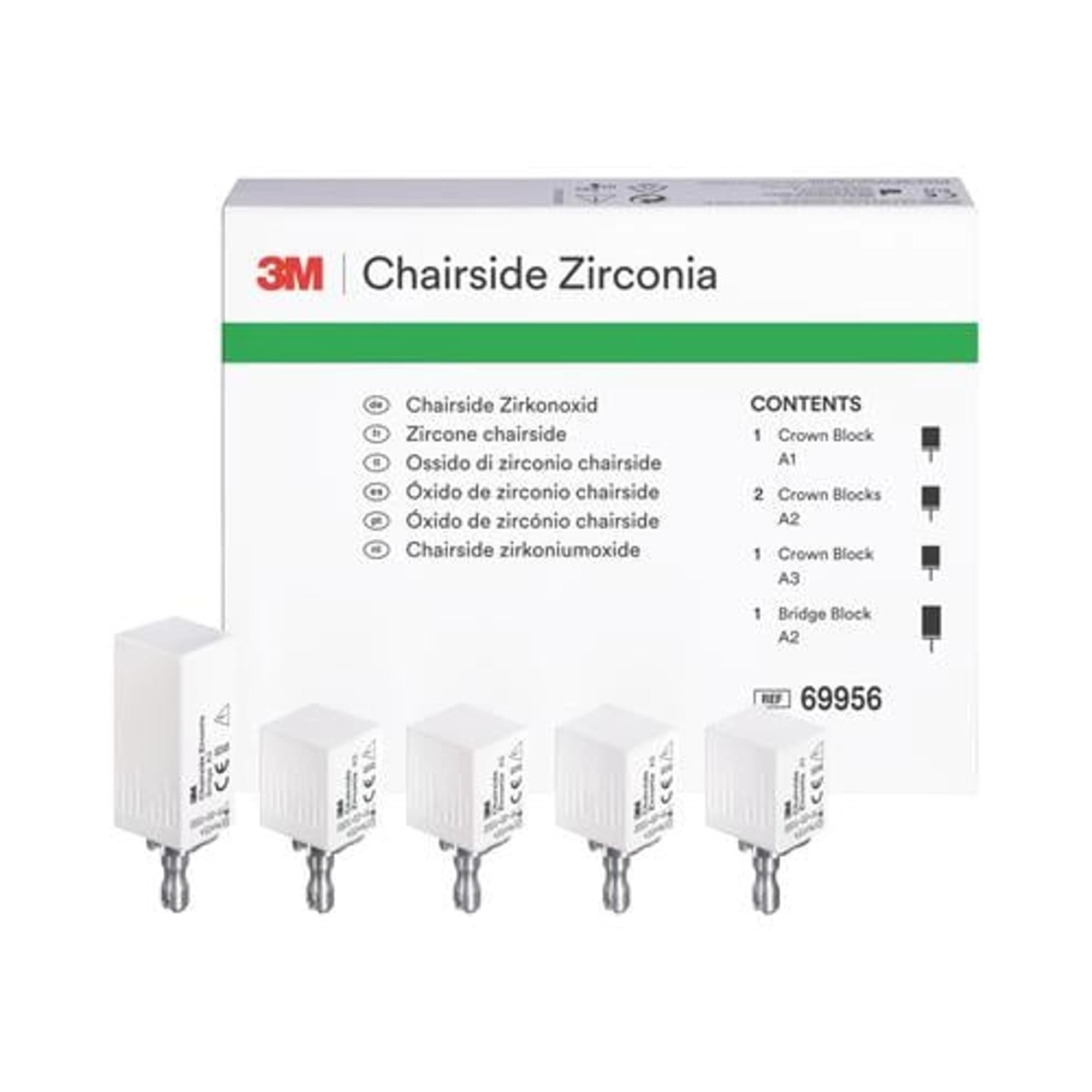 3M (Solventum) Chairside Zirconia Intro Kit for CEREC, 4 x 20mm Crown Blocks (A1, A2, A3) & 1 x 39mm Bridge Block (A2), 69956 thumbnail 2