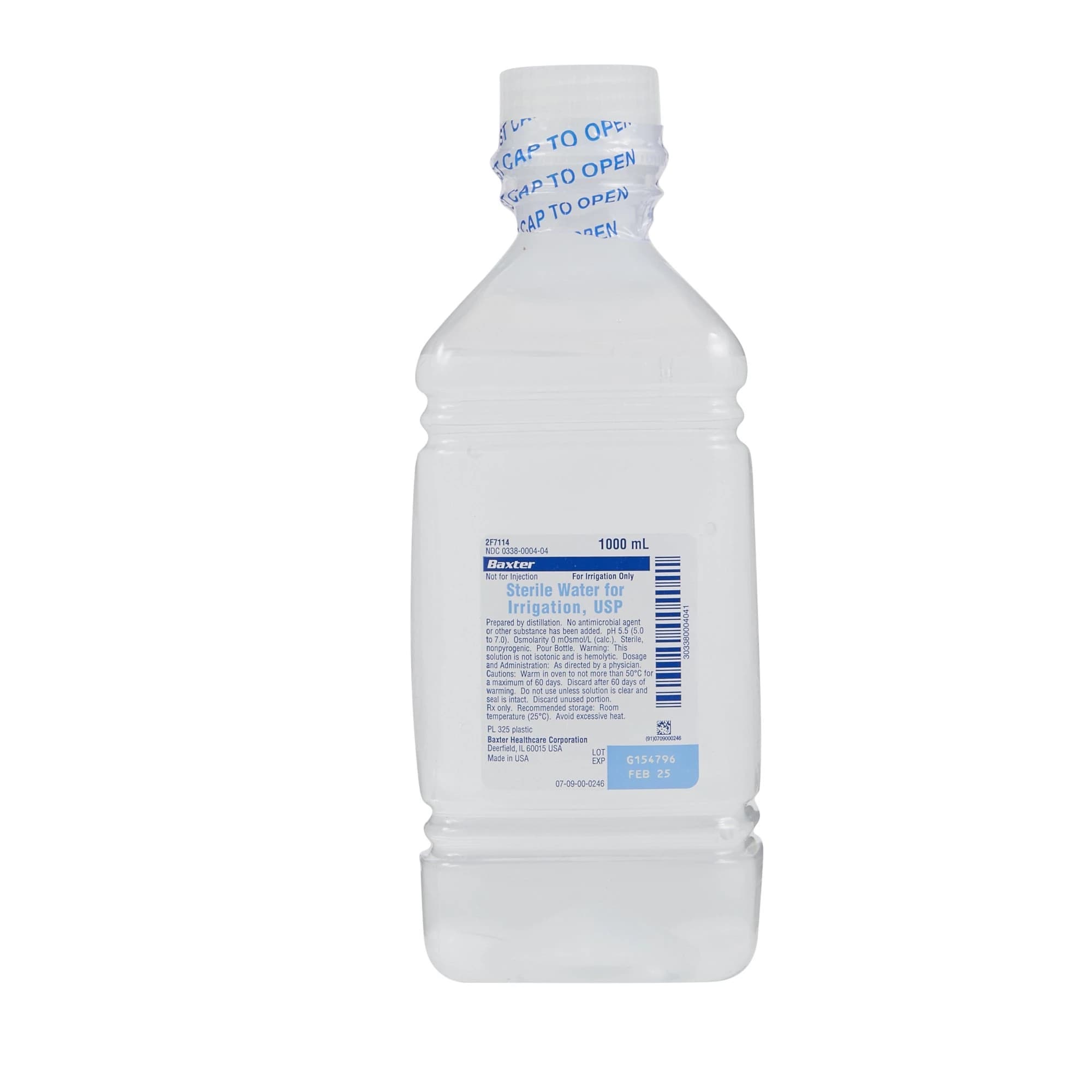 Sterile Water for Irrigation, USP, 1000 mL Plastic Pour Bottle, 2F7114 thumbnail 2