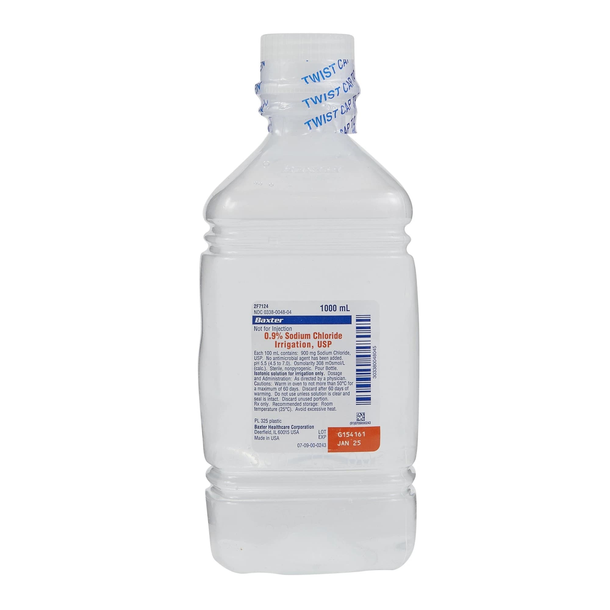 Baxter 0.9% Sodium Chloride Irrigation, USP, 1000 mL Plastic Pour Bottle, Sterile, 2F7124 thumbnail 3