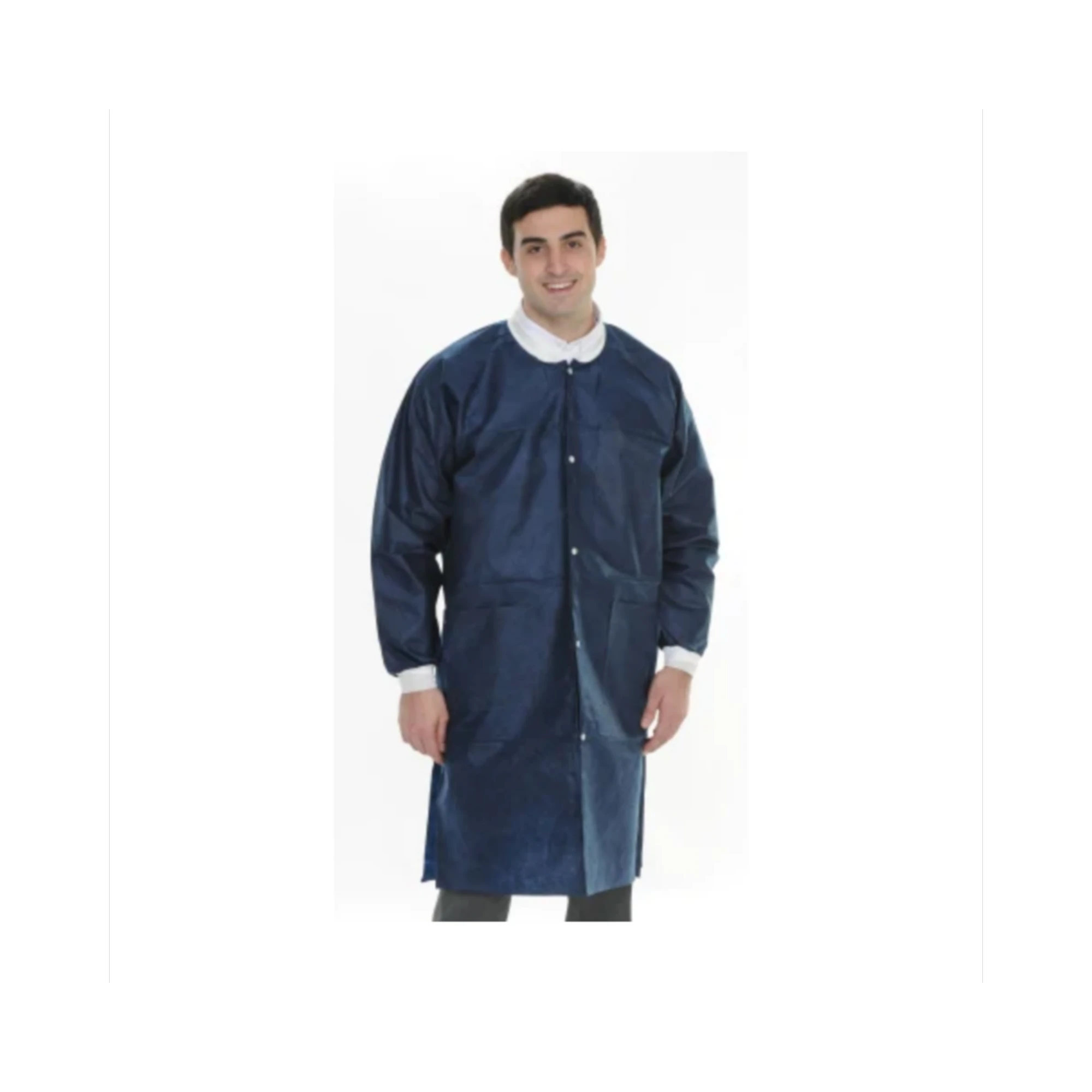 ValuMax Extra-Safe Lab Coat, Navy Blue, Medium, Knee-Length, 3-Layer SMS, Snap Front, 10/Pk - Extra-Safe Lab Coat Navy Blue 10/Pk Medium - Image 1