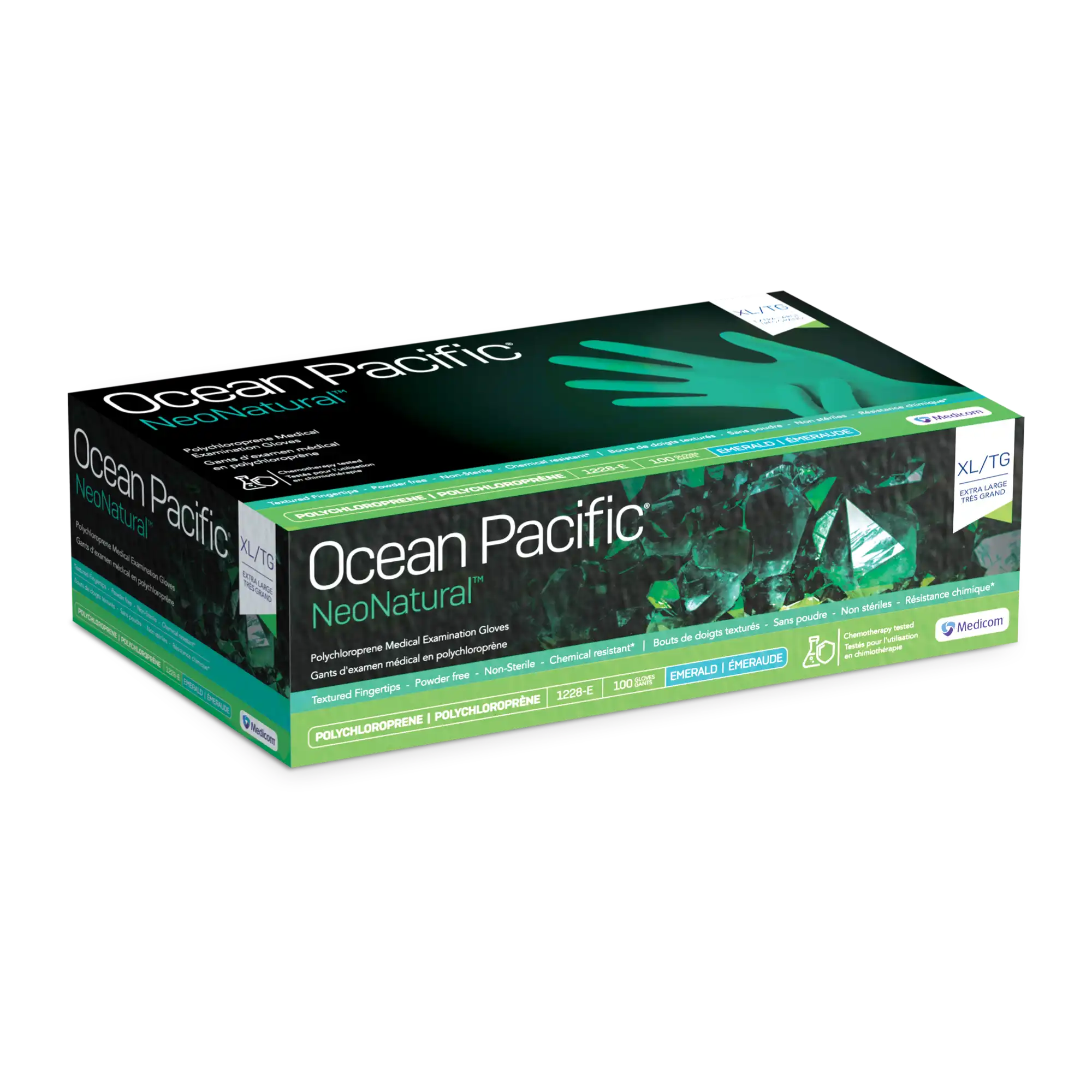 Ocean Pacific® NeoNatural™ Polychloroprene Exam Gloves, Powder Free, Latex Free, Non-Sterile, Chemo Rated, Emerald Green, X-Large, 100/Box, 1228-E thumbnail 7
