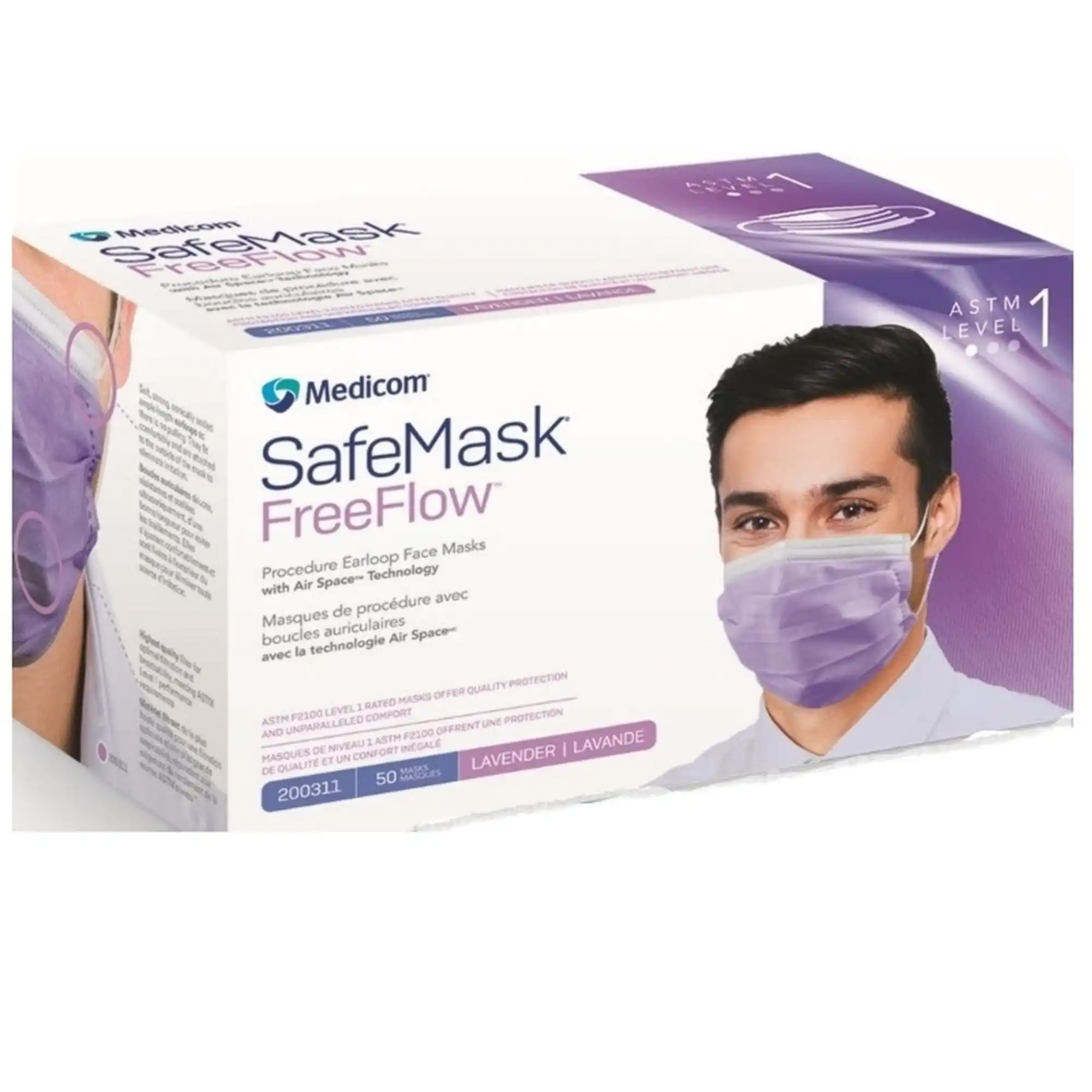 SafeMask® FreeFlow™ Procedure Face Mask, ASTM Level 1, Ear Loop, Lavender, 50/Box, 200311 thumbnail 11