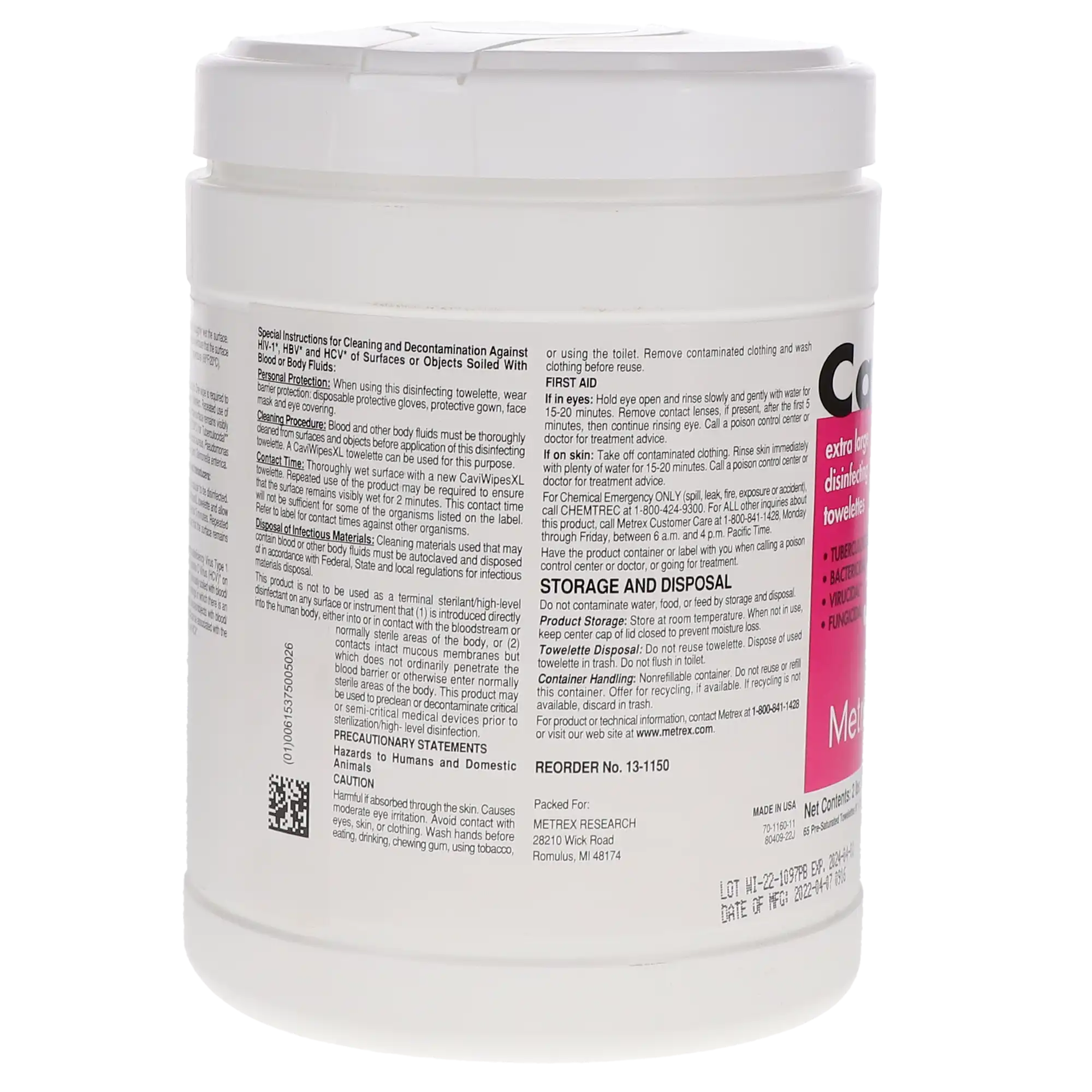 CaviWipes XL Disinfecting Towelettes, 9" x 12", 65 Wipes/Canister, Metrex thumbnail 7