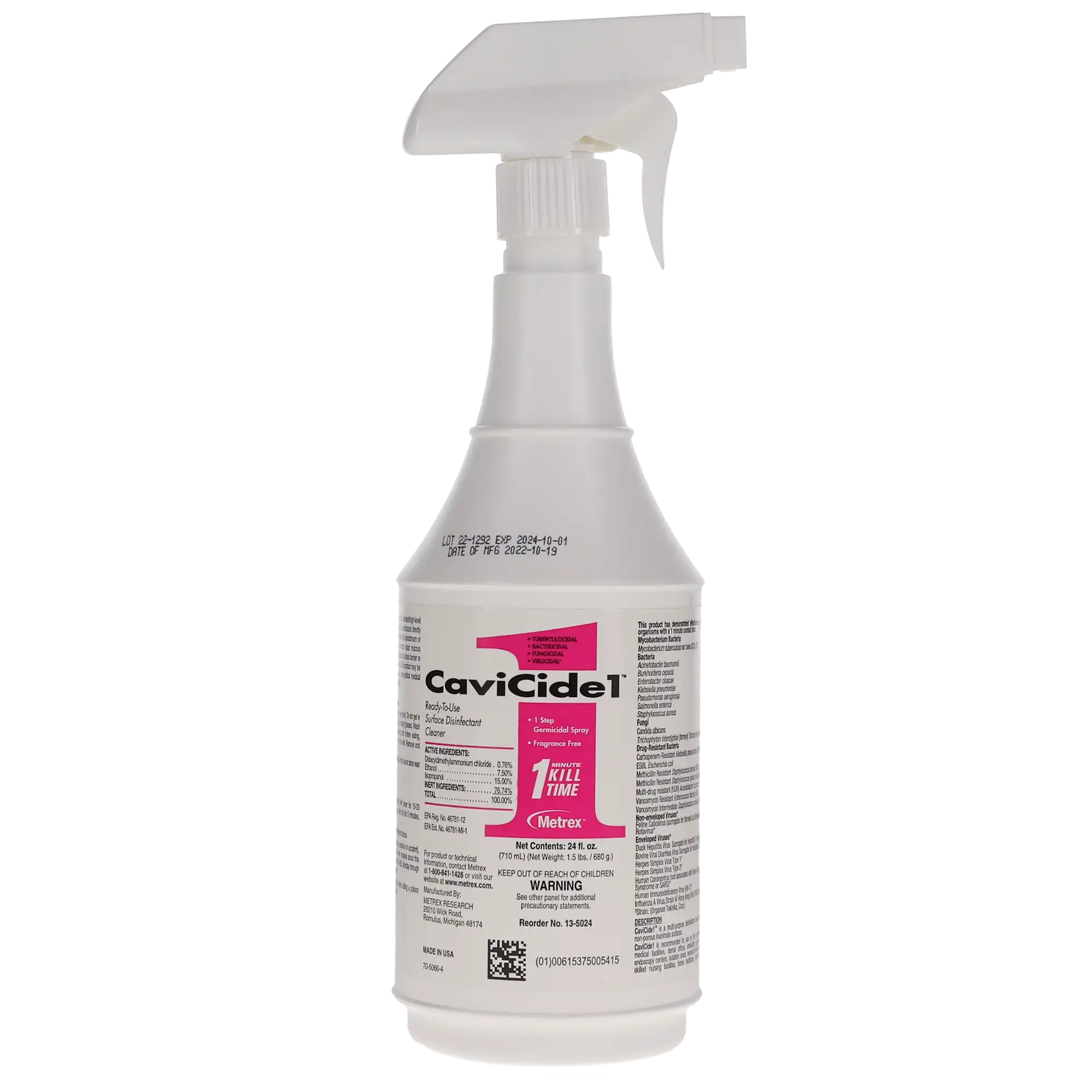 CaviCide1 Surface Disinfectant & Decontaminant, Low Alcohol, 1-Minute Contact Time, 24 oz Spray Bottle, EPA 46781-12 thumbnail 8