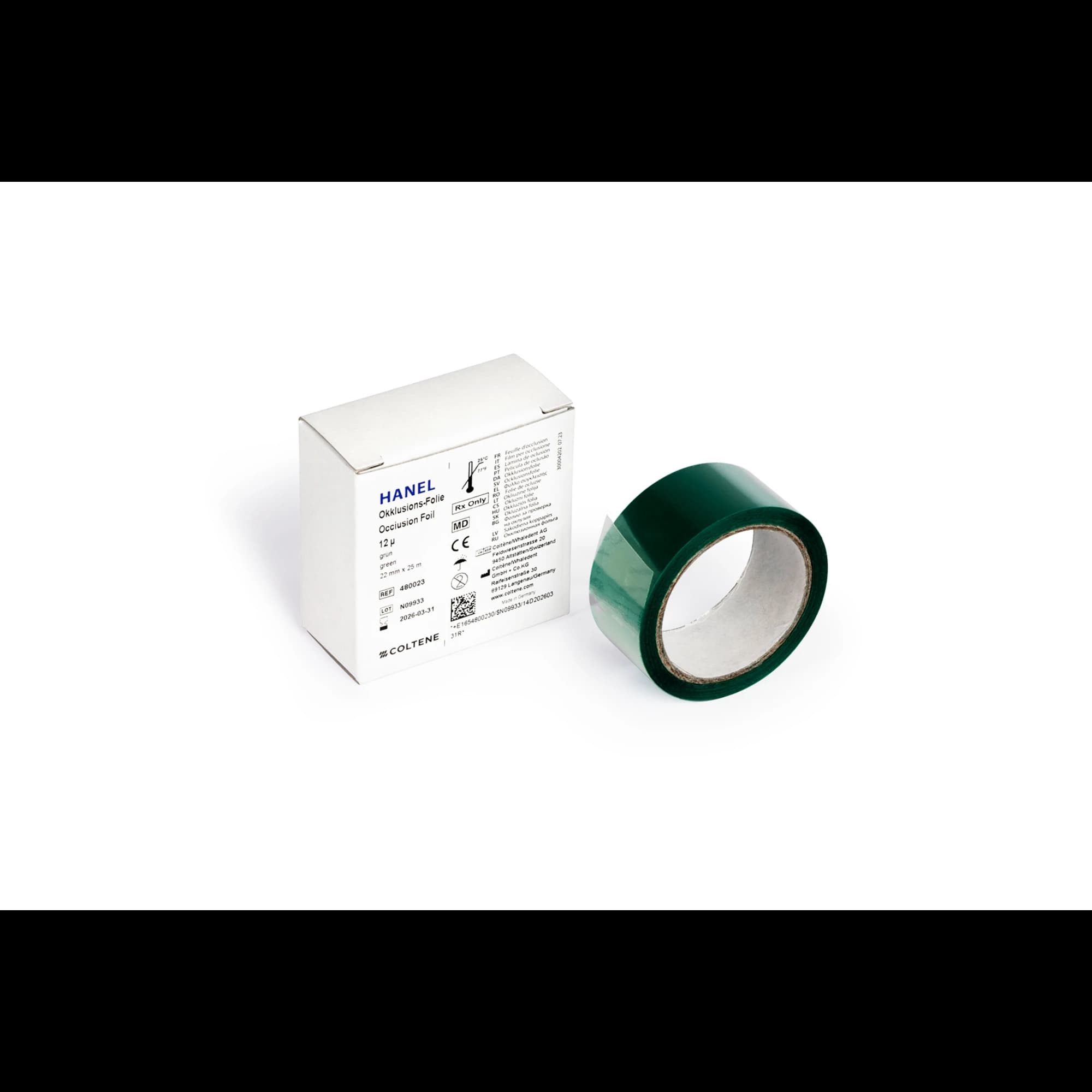 Hanel Occlusion Foil, One-Sided, Green, 12 Microns, 22 mm x 25 m Roll, 480023 - Coltene - Occlusion Foil Green - Image 1