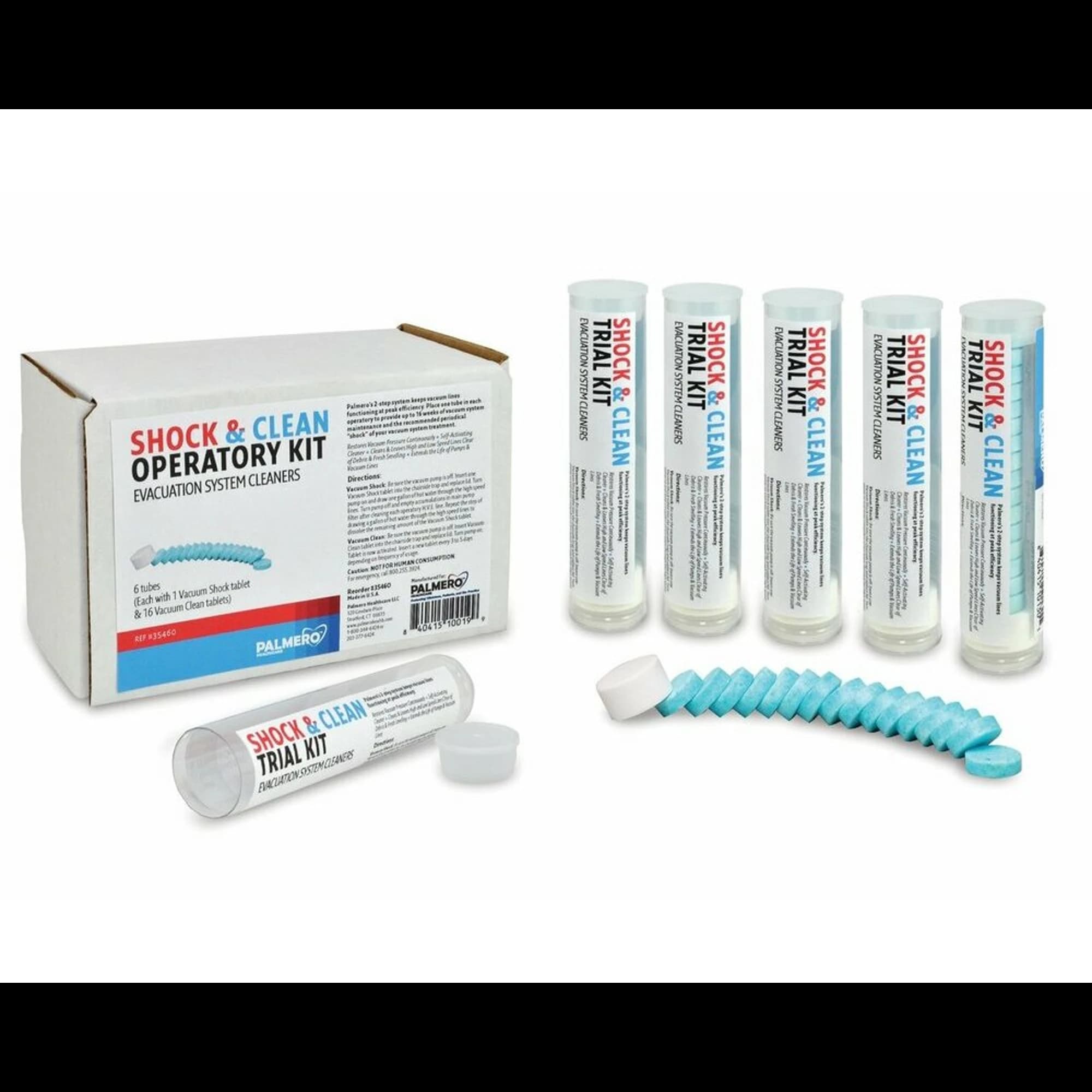 Palmero Shock & Clean Operatory Kit, 6 Tubes (16 Vacuum Clean Tablets + 1 Vacuum Shock Tablet per Tube), #3546TK - Palmero - Shock & Clean Operatory Kit 6 Tubes Of #3546Tk - Image 1