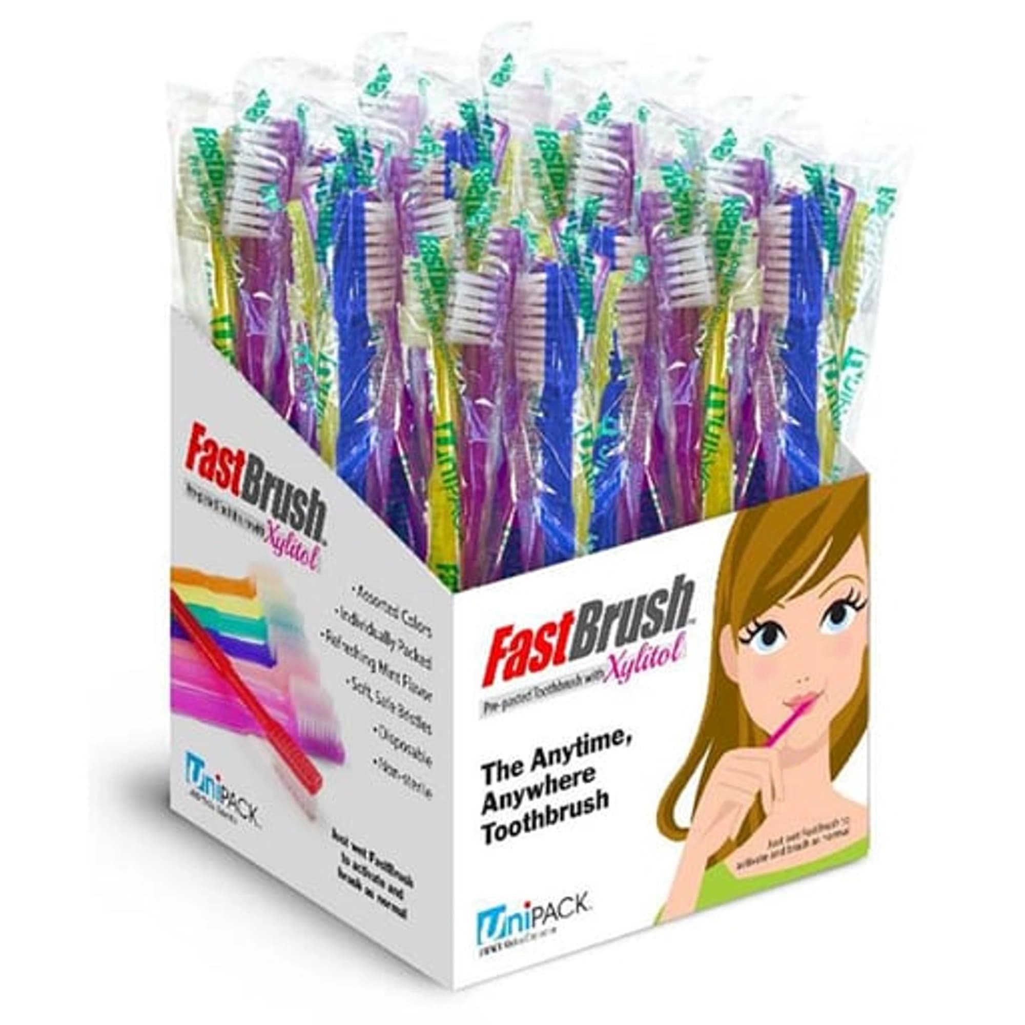 Dukal UniPACK Fast Brush Pre-Pasted Disposable Toothbrushes with Xylitol, Assorted Colors, Soft Bristles, Individually Wrapped, 100/Box, UDA-4001 thumbnail 2