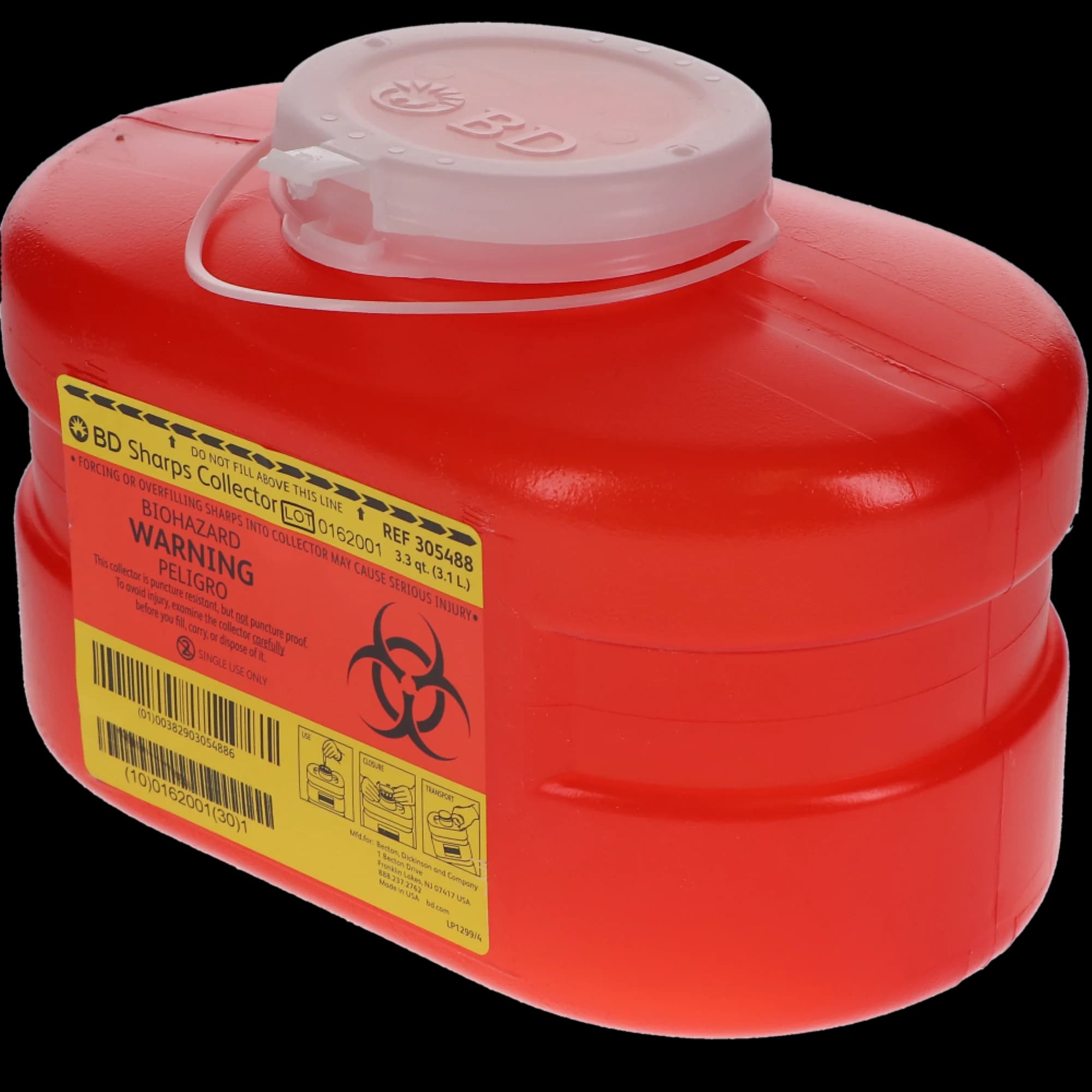 BD Multi-Use One-Piece Sharps Collector, Hinged Lid with Petals, 3.3 Qt, Small, Red, 305488 thumbnail 3